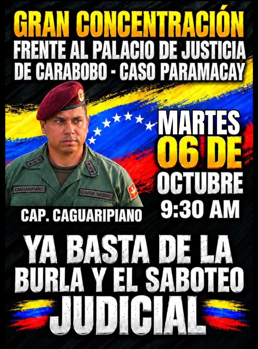nelsonpvzla2's tweet photo. La cita es mañana a las 9:30 a. m. en el Palacio de Justicia de Carabobo, para exigir la libertad del capitán Juan Caguaripano y sus compañeros del Caso Paramacay. https://t.co/3PrM1UY28Q