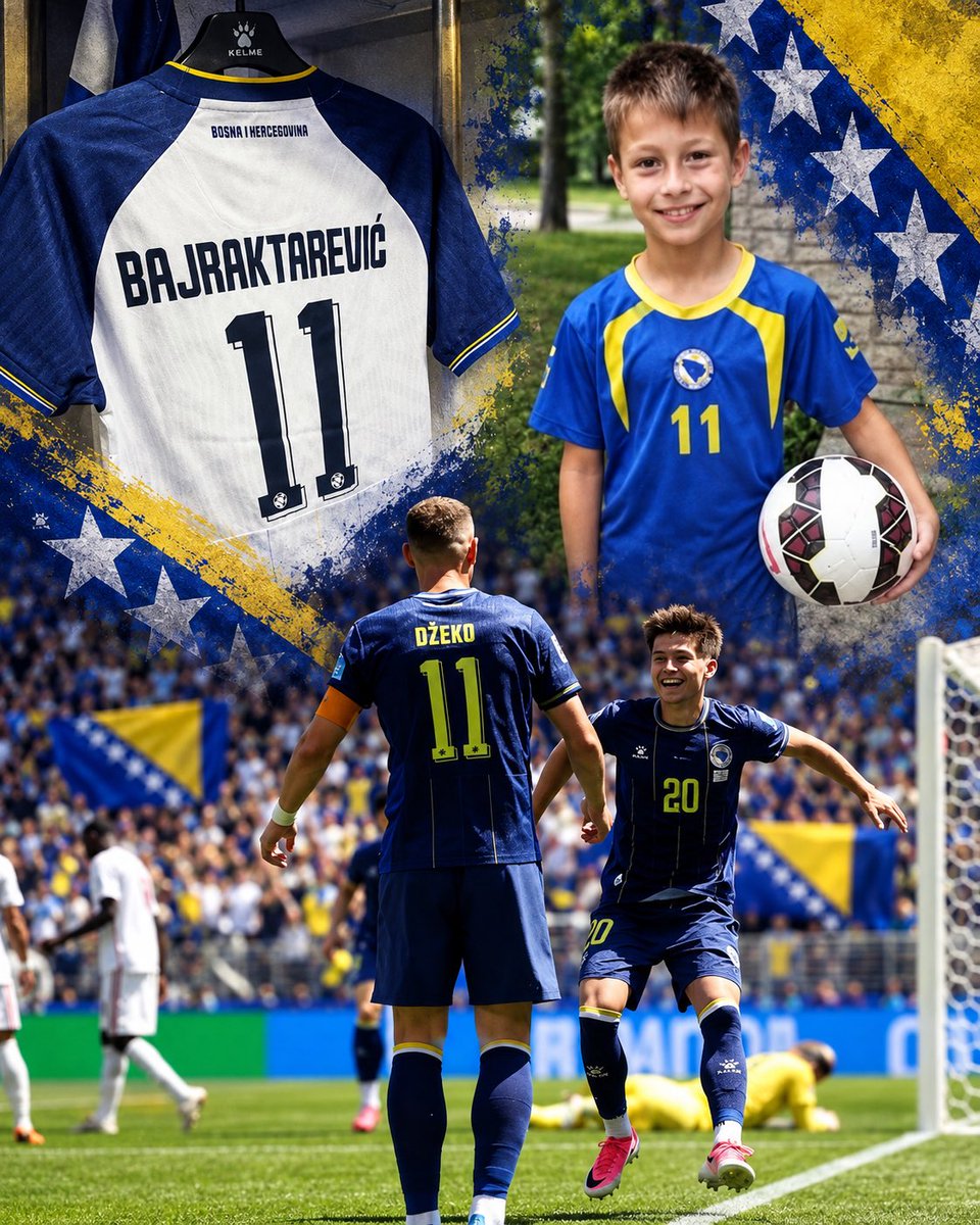 BHLiveOfficial's tweet photo. From idolizing Edin Džeko, to playing alongside him, assisting him, &amp; now wearing his No. 11. 

You could see how much Džeko meant to him.

Dreams come true 🙏 

Esmir Bajraktarević, ladies and gentlemen. 🪄🇧🇦 https://t.co/q394Q4J3Cv