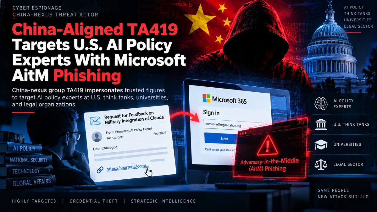 hCharizard_'s tweet photo. China-Aligned TA419 Targets U.S. AI Policy Experts With Microsoft AitM Phishing

Proofpoint detailed a credential phishing campaign by China-aligned threat actor TA419, targeting U.S. artificial intelligence (AI) policy experts across think tanks, universities, and law firms. The attackers impersonated prominent economists, White House OSTP officials, and Anthropic employees—using lure subjects like military integration of Claude—to trick victims. The attack chain leverages Frameless BitB (Browser-in-the-Browser) technology paired with an Adversary-in-the-Middle (AitM) proxy to silently capture Microsoft 365 credentials and session tokens, supporting wider Chinese intelligence gathering on U.S. AI regulations and export controls

Ref: https://t.co/pto18r9lQF

#China #US #APT