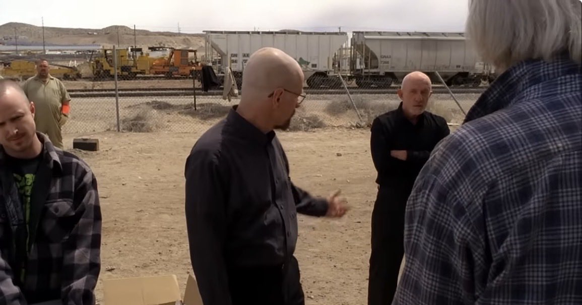 OsoBlanc0's tweet photo. An underrated joke in Breaking Bad is when they’re running the magnet test at the junkyard and the owner is like “any artificial hips” and no one says anything but Walter just gestures back at Mike who  just angrily glares https://t.co/1eCbW8B3pm