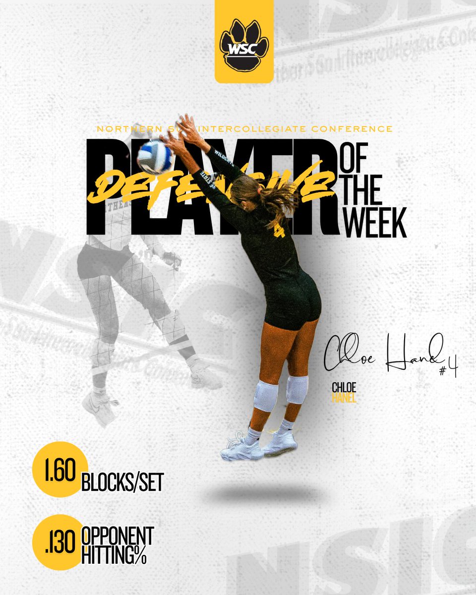 WSCWildcatVB's tweet photo. A big congrats to junior middle blocker, Chloe Hanel, on receiving @NorthernSunConf Defensive Player of the Week!
#TuneUp https://t.co/UmuoePEiOP