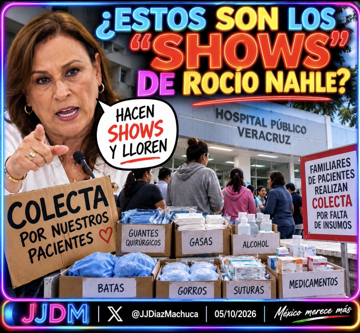 JJDiazMachuca's tweet photo. 🔴 ESTOS SON LOS “SHOWS” DE ROCÍO NAHLE

Familiares de pacientes de hospitales públicos de Veracruz llegaron al extremo de organizar una colecta para conseguir lo que debería proporcionar el gobierno.

Piden guantes quirúrgicos, gasas, alcohol, batas, gorros, material para suturas y medicamentos.

Son familiares de pacientes de la Torre Pediátrica y del Hospital de Alta Especialidad de Veracruz. La colecta comienza este 6 de octubre para entregar los insumos al personal médico.

¿Y qué dice la zacatecana Rocío Nahle (@rocionahle)?

Que “ahí están los medicamentos” y que no se va a distraer en “shows mediáticos”.

Estos son los “shows” de los que habla la gobernadora: familias haciendo colectas afuera de hospitales para conseguir material de curación y medicamentos.

Mientras Nahle asegura que hay abasto, las familias denuncian que faltan hasta materiales básicos para realizar procedimientos médicos.

No están pidiendo lujos.
No están pidiendo privilegios.
Están pidiendo insumos para atender enfermos.

Eso no es un “show”, gobernadora.

Es una denuncia que merece respuestas.
