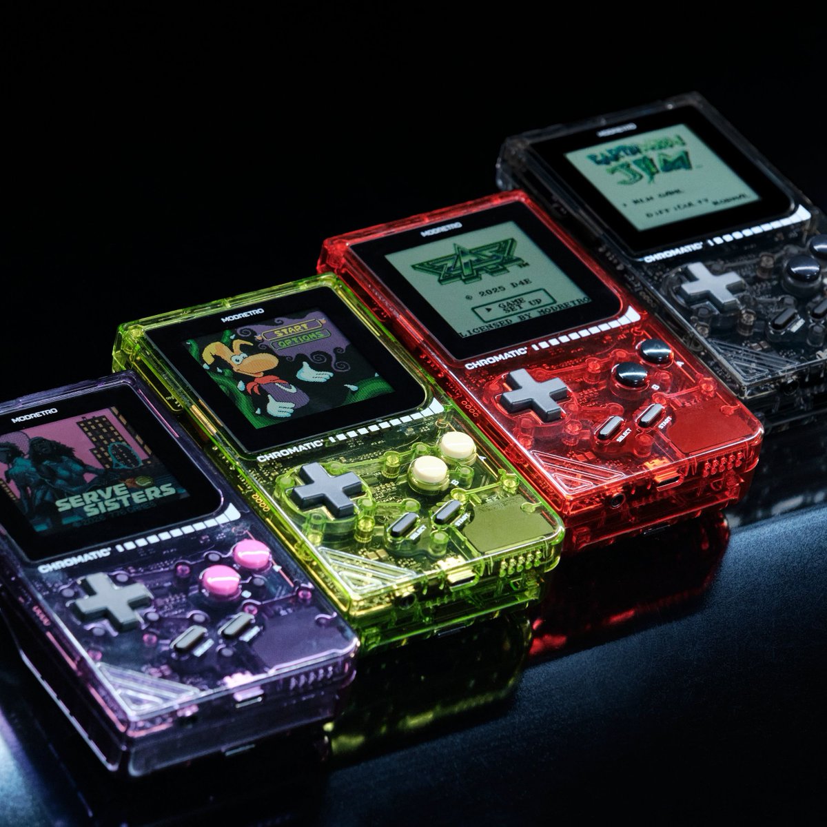 RetroHandhelds's tweet photo. ModRetro is giving the Chromatic a transparent makeover, teasing four new colors ahead of an official announcement in a few days. 

https://t.co/TrFC3ehqlw https://t.co/QGkUR1gbVq