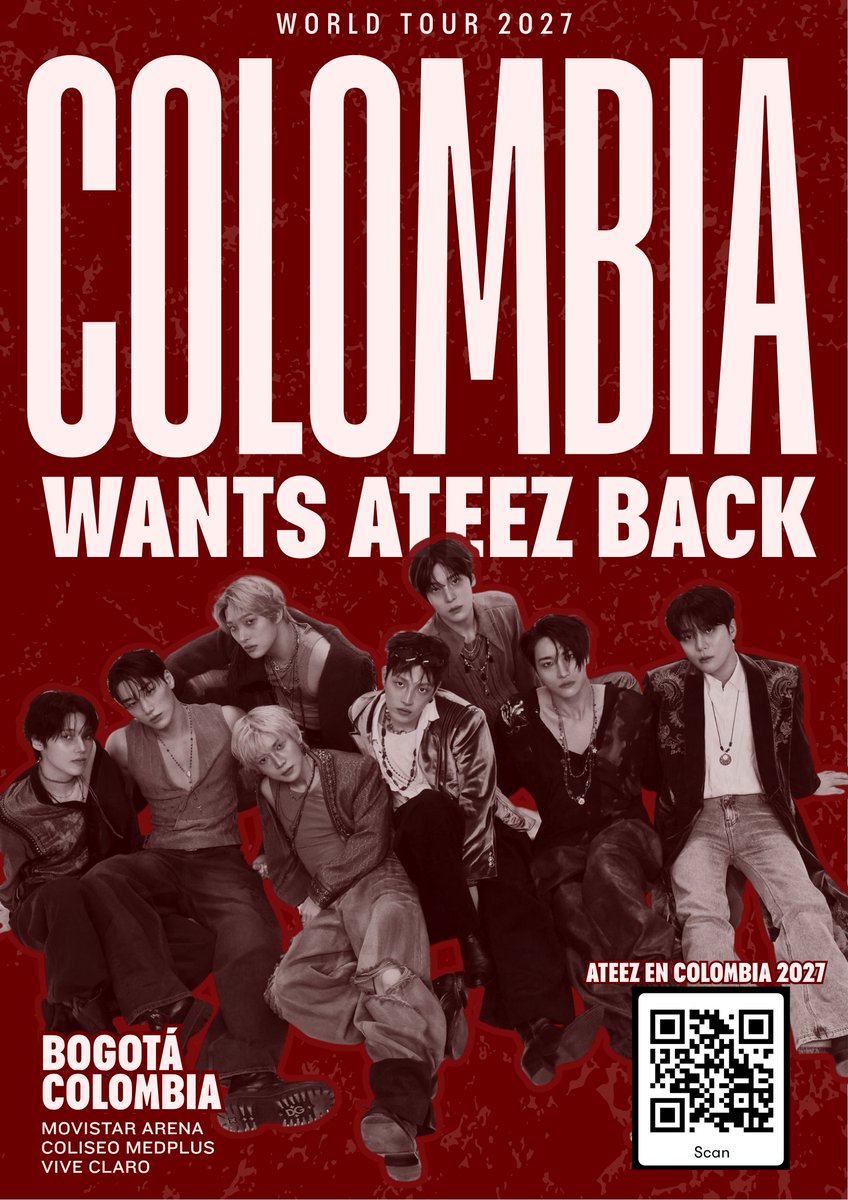 AteezColombia's tweet photo. 🚨 COLOMBIA WANTS ATEEZ BACK 

Estamos listos para recibir nuevamente a ATEEZ en Colombia 🔥

El fandom ha crecido en un 200% desde hace 3 años en su concierto en el MedPlus y ahora estamos listos para vivir esta experiencia nuevamente, mucho mas grande y mucho más especial. 

Te invitamos a que te unas a esta petición, etiqueta constantemente a @paramo_presenta @OcesaColombia @moveconcertsco  contantdoles la razón por la cual quieres ver nuevamente a ATEEZ en el país; movamos todo un fandom por este sueño. 

Llena el censo (estudio de mercado) el cual es fundamental para que esto sea una realidad. 

(Escanea el código QR de la imagen o ingresa a través del link) 

🖇️ https://t.co/pXF01Zb9lK

*Si anteriormente llenaste el form puedes hacerlo nuevamente ya que hay varios aspectos que cambiaron y se agregaron secciones nuevas.

#ATEEZ #ATEEZenColombia @AteezOfficial @kqent