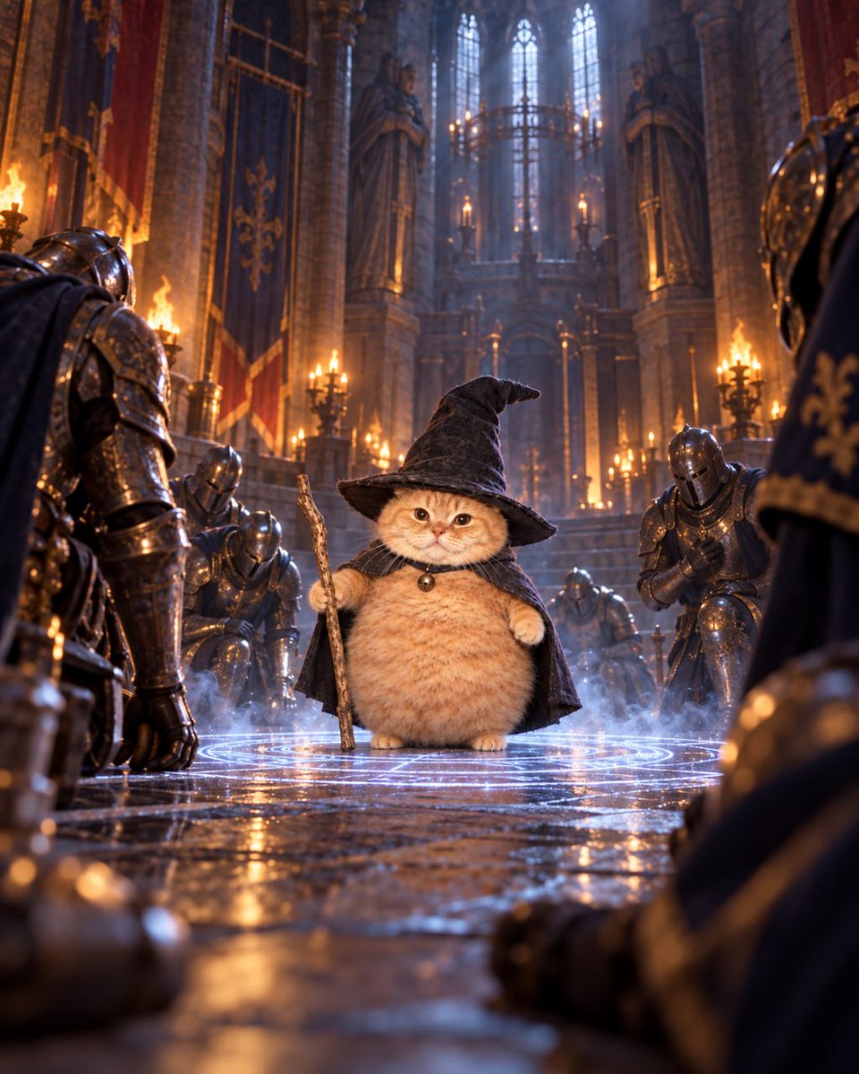 CheeseballWC's tweet photo. Knights kneel, the cat stands 👑🐱 https://t.co/UwpfGqD1MW