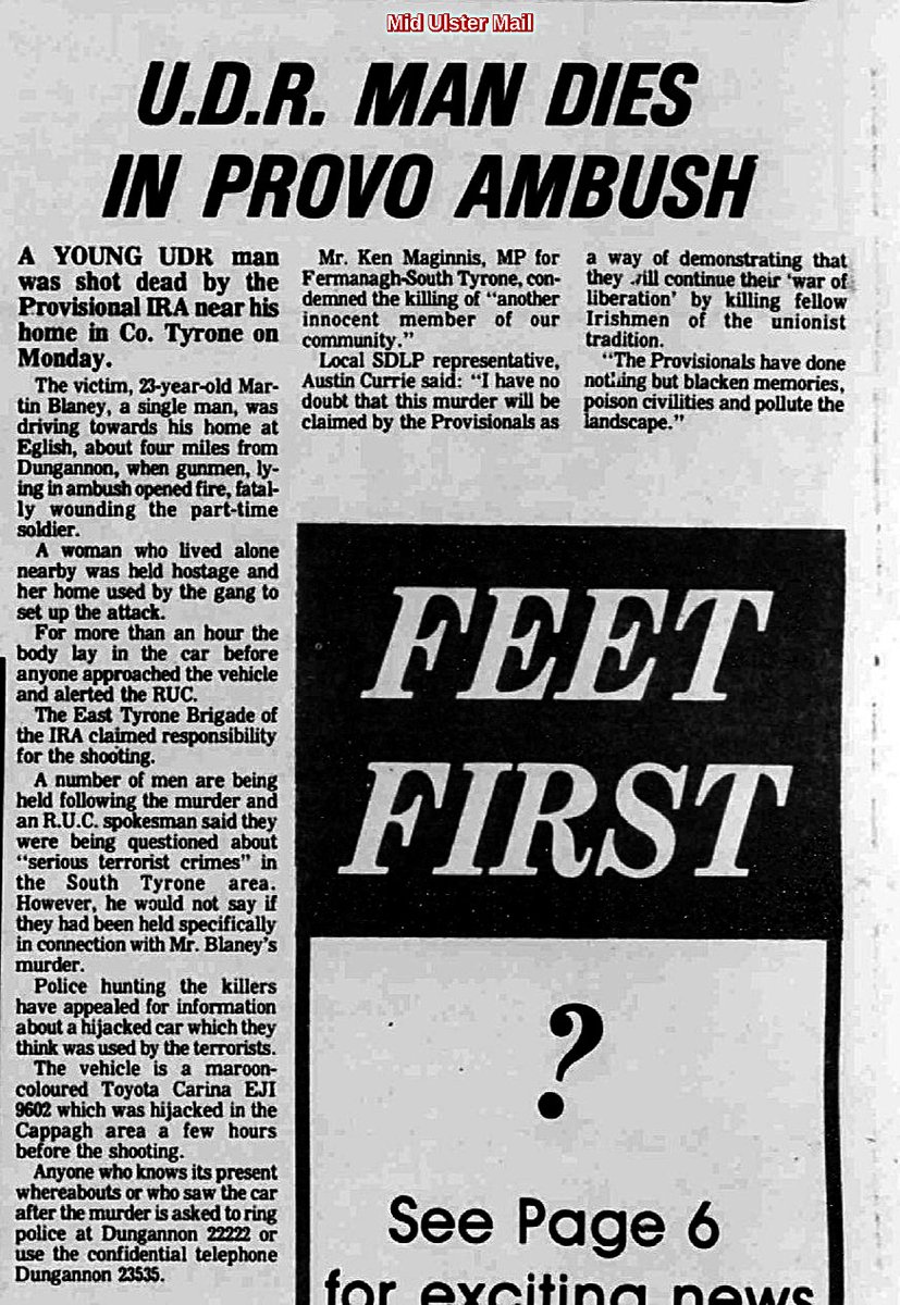 OnThisDayPIRA's tweet photo. #OnThisDay in 1986 the IRA murdered Martin A J Blaney, 27. Off duty UDR/doing maintenance @ Brantry Church, shot driving to his isolated border farm, Eglish, Tyrone, N Ireland. Hostages taken. Body lay in car some time.  Mr Blaney lived alone with his dog; it died beside him #OTD https://t.co/bM4JGdnrxS