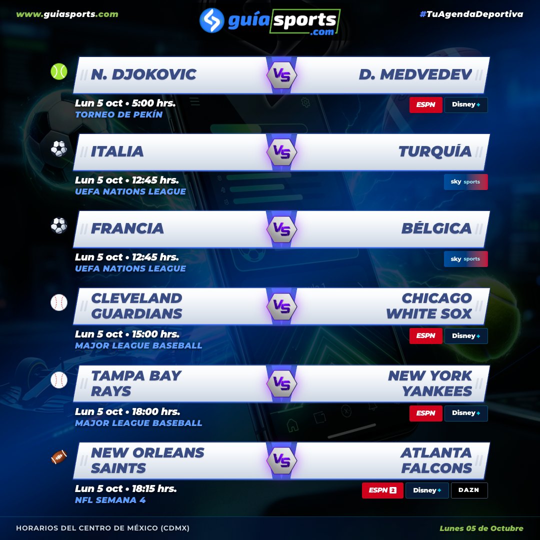 GuiaSportsMX's tweet photo. 🚨 LUNES | 📅 AGENDA DEL DÍA!!🔥🇲🇽

🎾 N. Djokovic 🆚 D. Medvedev
⚽️ Italia 🆚 Turquía
⚽️ Francia 🆚 Bélgica
⚾️ Guardians 🆚 White Sox
⚾️ Rays 🆚 Yankees
🏈 Saints 🆚 Falcons

DÓNDE VER? 📡
🌐 https://t.co/EtzXmrMdXa

#TuAgendaDeportiva #TorneodePekin #UEFANationsLeague #MLB #NFL https://t.co/F4VDOehnPM