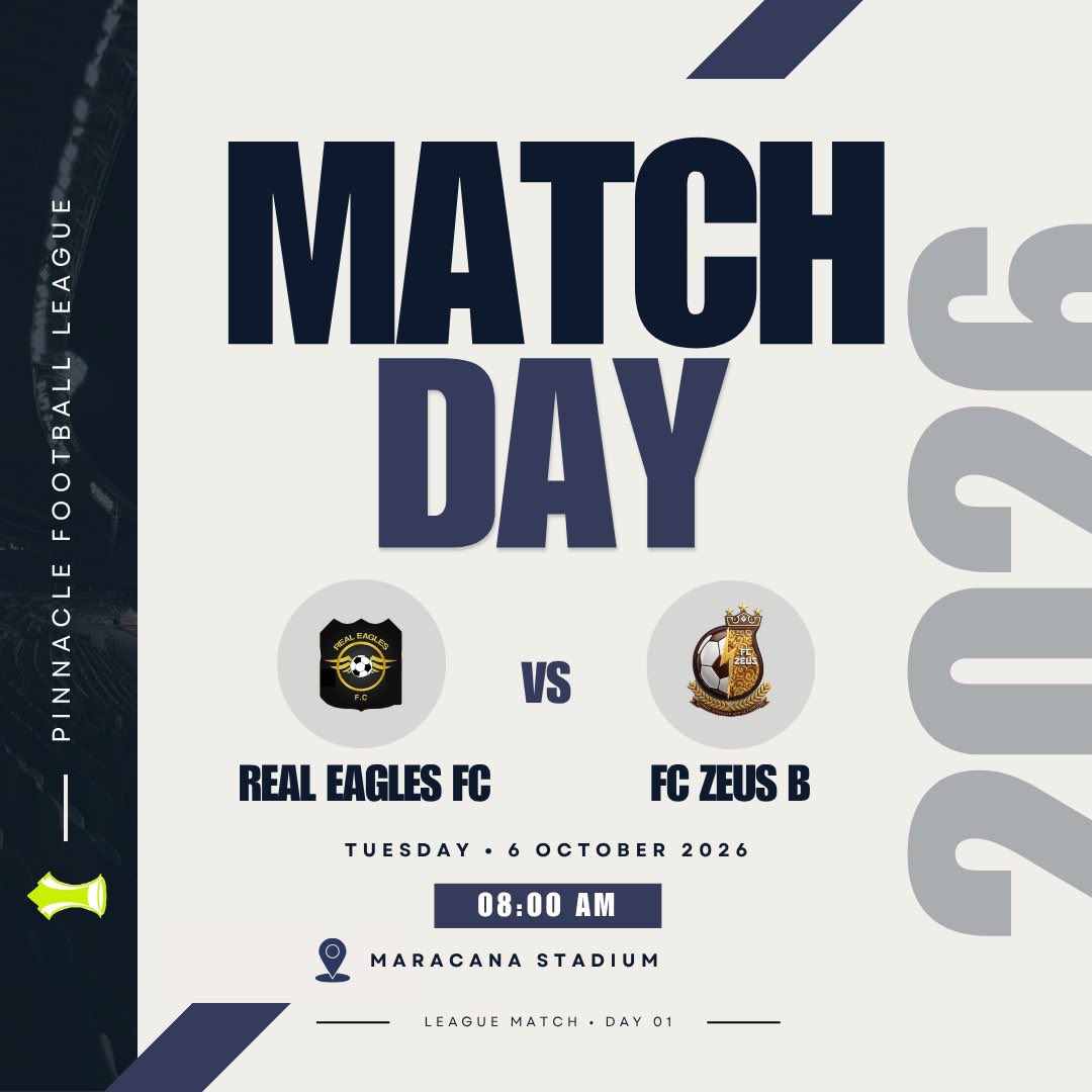 RealEaglesFC's tweet photo. *PINNACLE FOOTBALL LEAGUE 2.0*

*REAL EAGLES FC*

⚫️🟡 *MATCHDAY ALERT* 

Gameweek 7
🆚 FC ZEUS B (Away)
📆: 6th October, 2026
⏰: 8AM
🏟️: Maracana 

Real Eagles FC | #PFL 
2.0 | #FZB 

Official X account; https://t.co/mRo4eDQe62