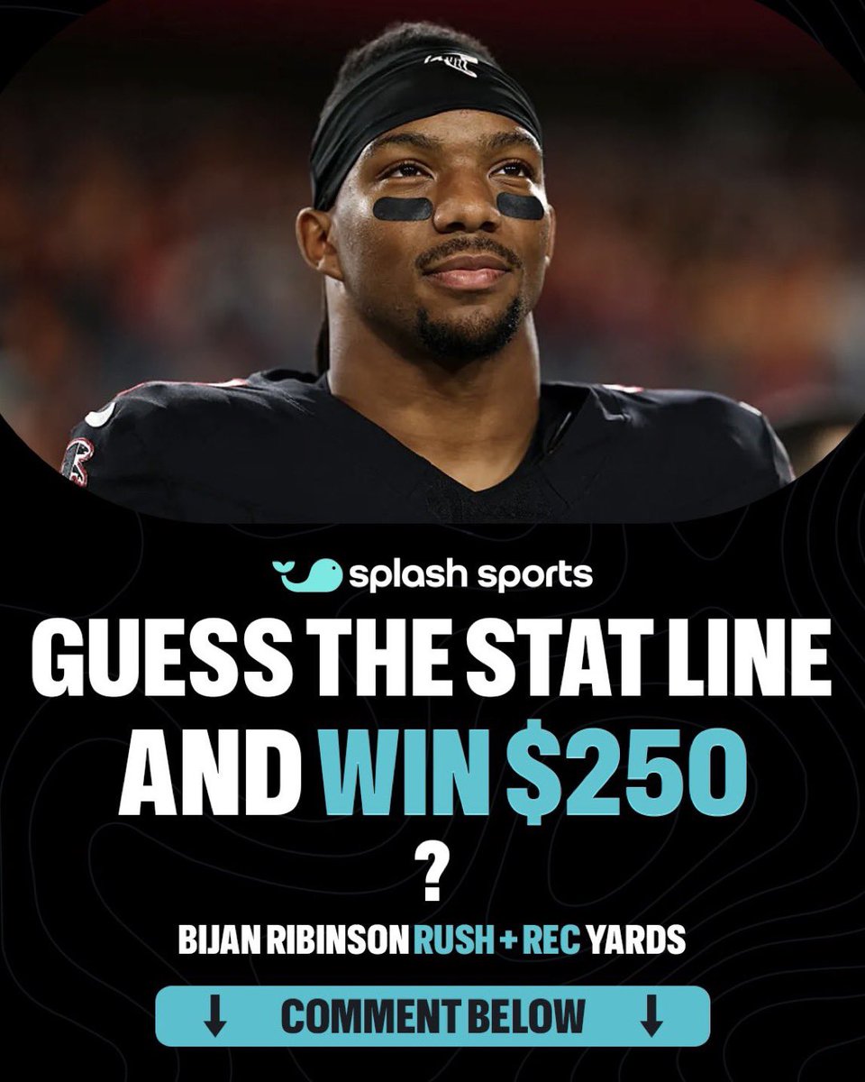 splashsports's tweet photo. 💰GUESS THE STAT LINE AND WIN $250

🤔 Predict Bijan's exact RUSH + REC YARDS in tonight’s game! 

⬇️ MUST follow, like, and comment your prediction below to enter  

📝Entries from X and Instagram will be considered, and must be commented before tip off

 🎟️ $250 in voucher to the winner!

💸 If multiple people get it right, we will split the prize among all winners.