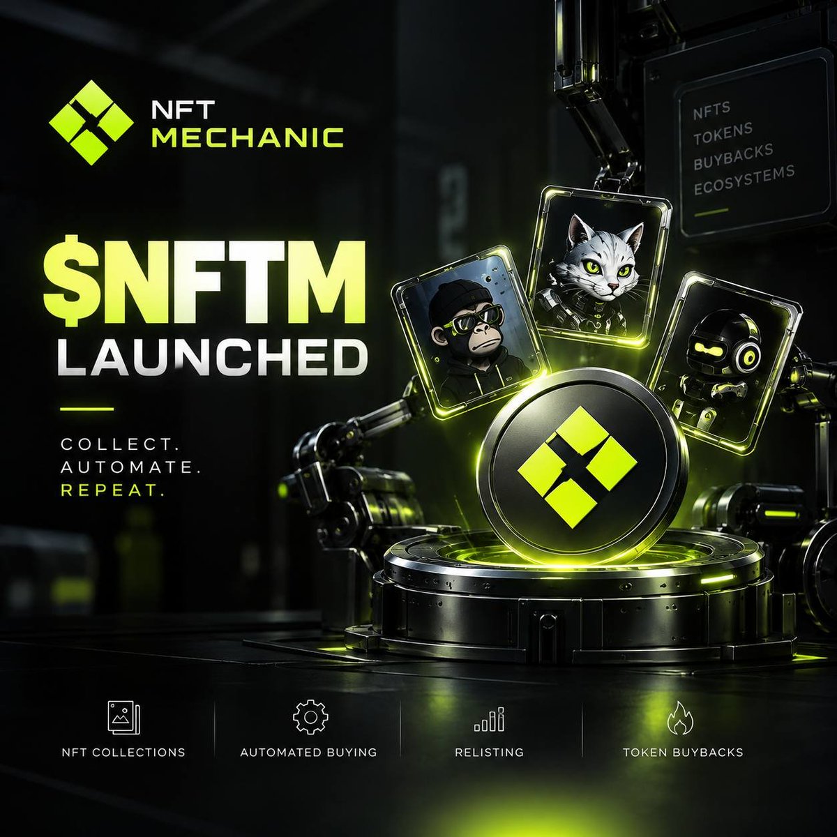 NFT_Mechani's tweet photo. NFT Mechanic is now live. ⚡

Turn NFT collections into token-powered ecosystems with automated buying, relisting, and token buybacks.

$NFTM is live. The mechanics are in motion.

CA: 0x2874608EB6C8499Cbb8DCe5490DEAD74338A6472 https://t.co/p4Gm2kS9c8