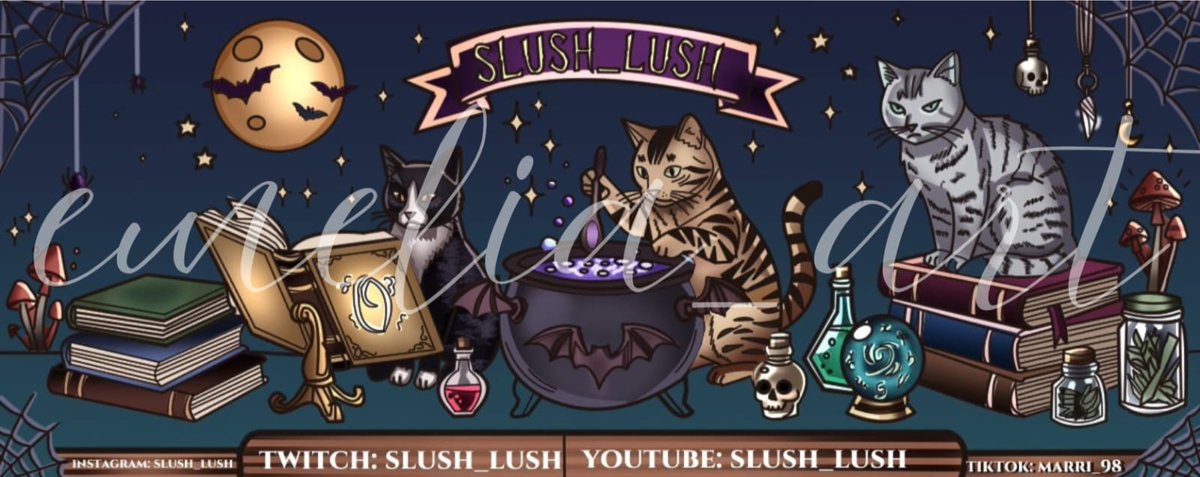 Emelia_artss's tweet photo. ✨ A little spooky, a little cute, and a whole lot of magic. 🐈‍⬛
Loved bringing Slush_Lush’s new visual identity to life with a whimsical witchy vibe, subtle creepy details, and her three cats woven into the world. 🖤✨

#commissionsopen #twtich #customartwork #lookingforartists https://t.co/sLAQt4NNQl