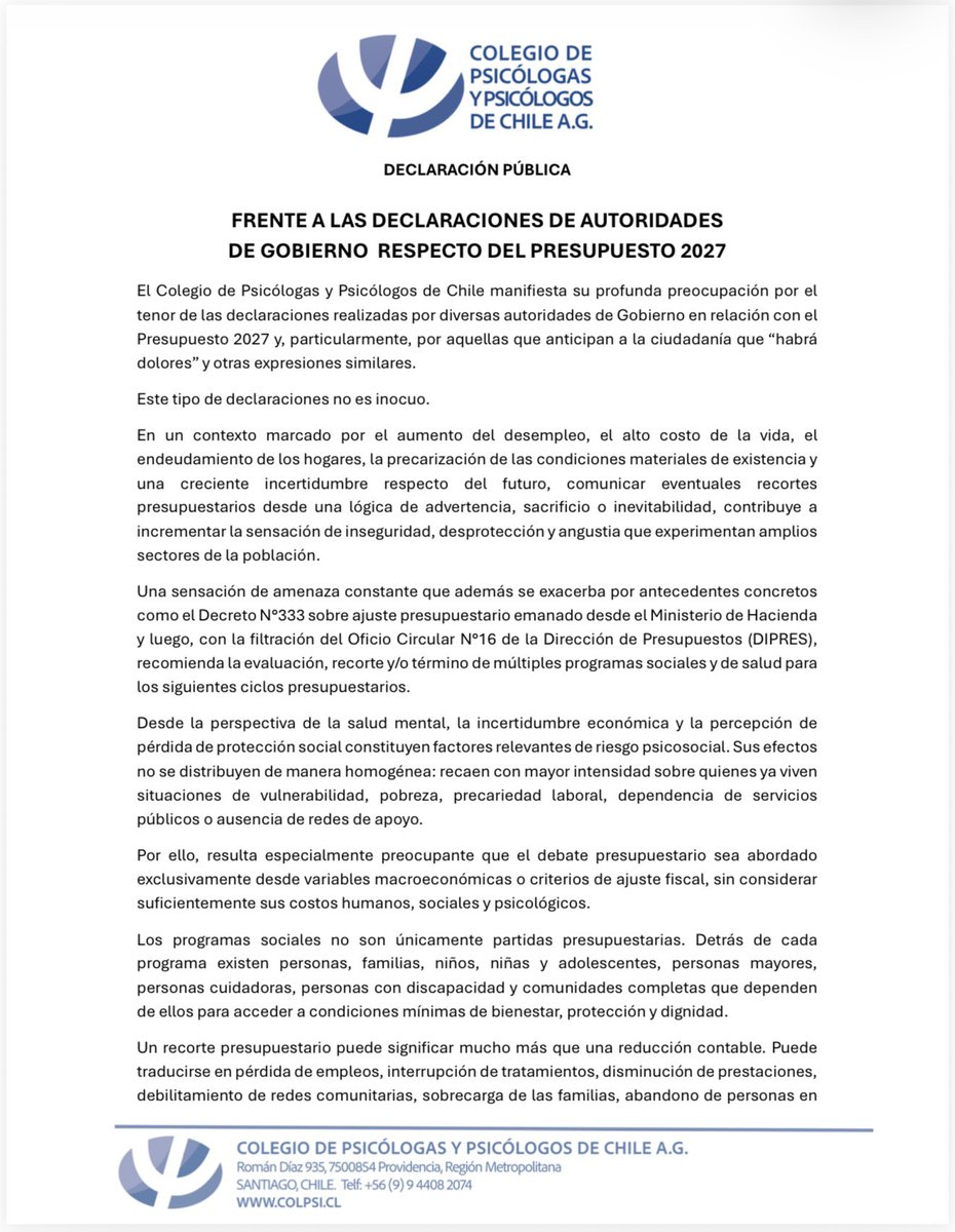 PaolaDragnic's tweet photo. Durísima declaración del Colegio de Psicólogas y Psicólogos de Chile @colpsichile llama al Gobierno a hacer una comunicación responsable sobre el debate del Presupuesto 2027: “Chile no necesita autoridades que normalicen el sufrimiento como una consecuencia inevitable del ajuste”, señalan.