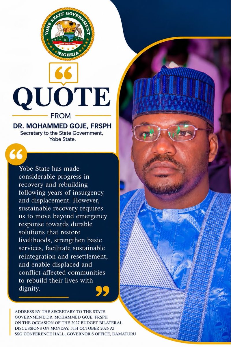 DrGojeM's tweet photo. Today, I declare the 2027 Budget Bilateral Discussions open. May Almighty Allah guide our deliberations and continue to bless Yobe State and the Federal Republic of Nigeria.

Below are some excerpts from my speech: https://t.co/q8EvIIHPnK