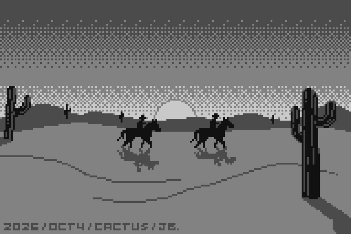 EightBitJase's tweet photo. Pixel-inktober day 4 cactus
Cowboys by the sunset

#inktober #inktober2026 #cactus #cowboys #sunset #desert #monochrome #art #pixelart #digitalart #aseprite https://t.co/qfWZwMSmJO