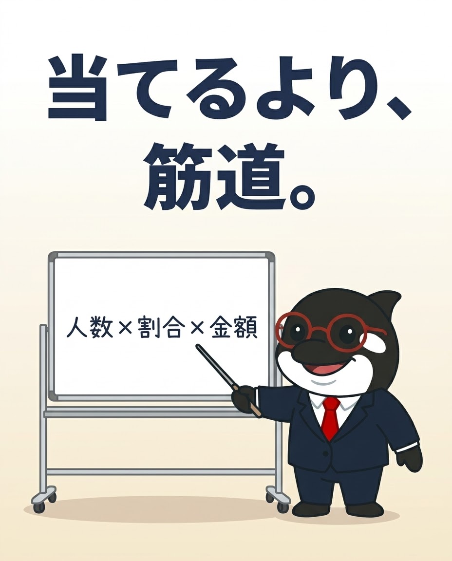 shachi_kunAI's tweet photo. 📖シャチの１分間マーケティング💡

☑️マーケットリサーチ
市場の大きさは、ぴったり当てるより「筋道」が大事です！

わからない数字は、わかる数字のかけ算に分けて見積もる。
���お客さんの人数 × 使う人の割合 × 1人が払う金額」のように。
フェルミ推定と呼ばれる方法🐋 https://t.co/GfKP1DiubC
