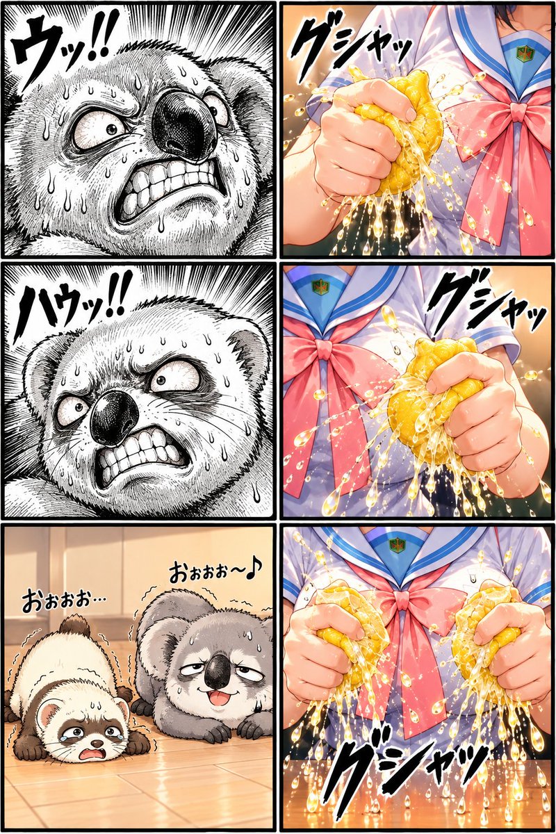menmaFerretLove's tweet photo. 🍋⊂(`･ω･´)⊃🍋
(⊃🍋`･ω･´🍋⊂)
　(⊃🍋🍋⊂)
　　(⊃⊂)ｸﾞｼｬ
　　　💦

🐨🐹
「「おぉぉぉ………💦」」 https://t.co/KQzondU9qr