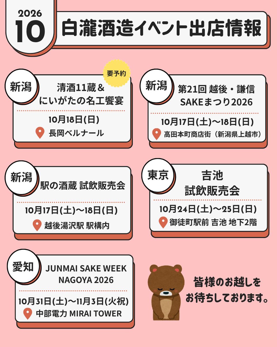 Jozen_Sake's tweet photo. ＼ 📢10月 白瀧酒造 イベント出店情報✨／

いよいよ10月！
だんだん寒くなって燗酒のおいしい季節になってきましたね🍶

10月の白瀧酒造のイベント出店情報をお知らせします。

📌10月8日(木)
東京・日本橋プラザ
「2026年 秋の唎酒会」(要予約)

📌10月8日(木)～13日(火)
大阪・近鉄百貨店あべのハルカス近鉄本店
「新潟 食と酒の大祭典」

📌10月10日(土)～18日(日)
東京・伊勢丹立川
「秋のあんこパーティー、北陸味覚巡り、銘酒フェア」

📌10月9日(金)～12日(月祝)
東京・おかちまちパンダ広場
「酒まつりジャパン 2026」

📌10月10日(土)～11日(日)
新潟・新潟駅西側連絡通路
「新潟 日本酒リーグフェスタ」

📌10月10日(土)～12日(月祝)、10月17日(土)～18日(日)
越後湯沢・駅構内
「駅の酒蔵 試飲販売会」

📌10月18日(日)
新潟・長岡ベルナール
「清酒11蔵＆にいがたの名工饗宴」

📌10月17日(土)～18日(日)
新潟・高田本町商店街
「第21回 越後・謙信SAKEまつり2026」

📌10月24日(土)～25日(日)
東京・吉池
「吉池 試飲販売会」

📌10月31日(土)～11月3日(火祝)
愛知・中部電力 MIRAI TOWER
「JUNMAI SAKE WEEK NAGOYA 2026」

10月はイベントが盛りだくさん！
皆様のお越しをお待ちしております。

#白瀧酒造 #上善如水 #イベント #日本酒 #日本酒イベント