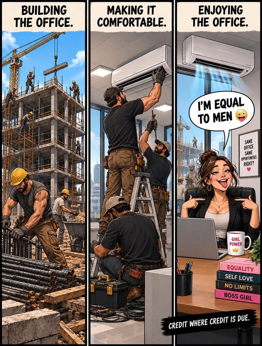 Lucifera664's tweet photo. Some girl-power clown sits in the AC and claims she’s “equal.” Credit where credit is due — my husband owns a construction business, they are the ones who do the work.

#CreditWhereCreditIsDue #MenBuild #AntiFeminist #TraditionalValues #GirlPowerIsAJoke #MAGA #RealWork #NotEqual https://t.co/afTDCDu3Lw