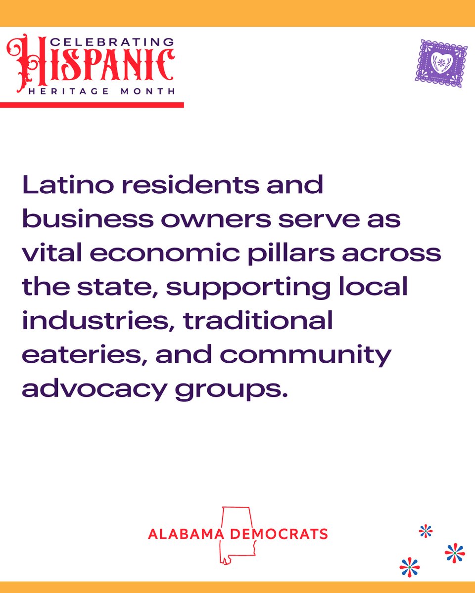 aldemocrats's tweet photo. We celebrate diversity because it makes us better. And this month we'll like to celebrate our Hispanic and Latin communities. We see you and we hear you!
#HispanicHeritageMonth #BlueWave26 #OneAlabama https://t.co/a11HrjjnTZ