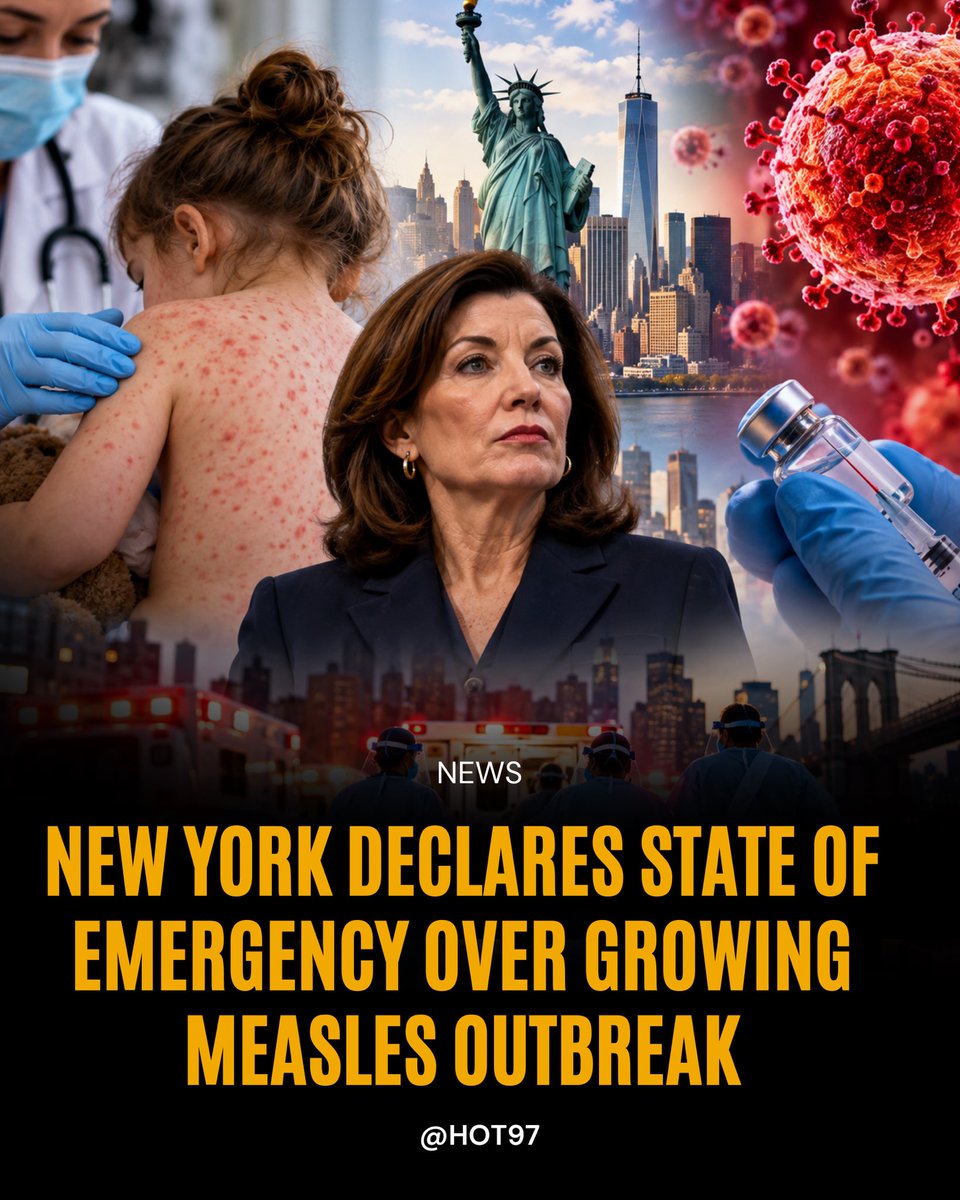 HOT97's tweet photo. New York Gov. Kathy Hochul declared a State Disaster Emergency in response to the ongoing measles outbreak. New York had recorded 108 measles cases as of October 3, including 7 in New York City. The emergency declaration is intended to speed up the state’s testing, vaccination, and outbreak response.  #NEWS #NewYork