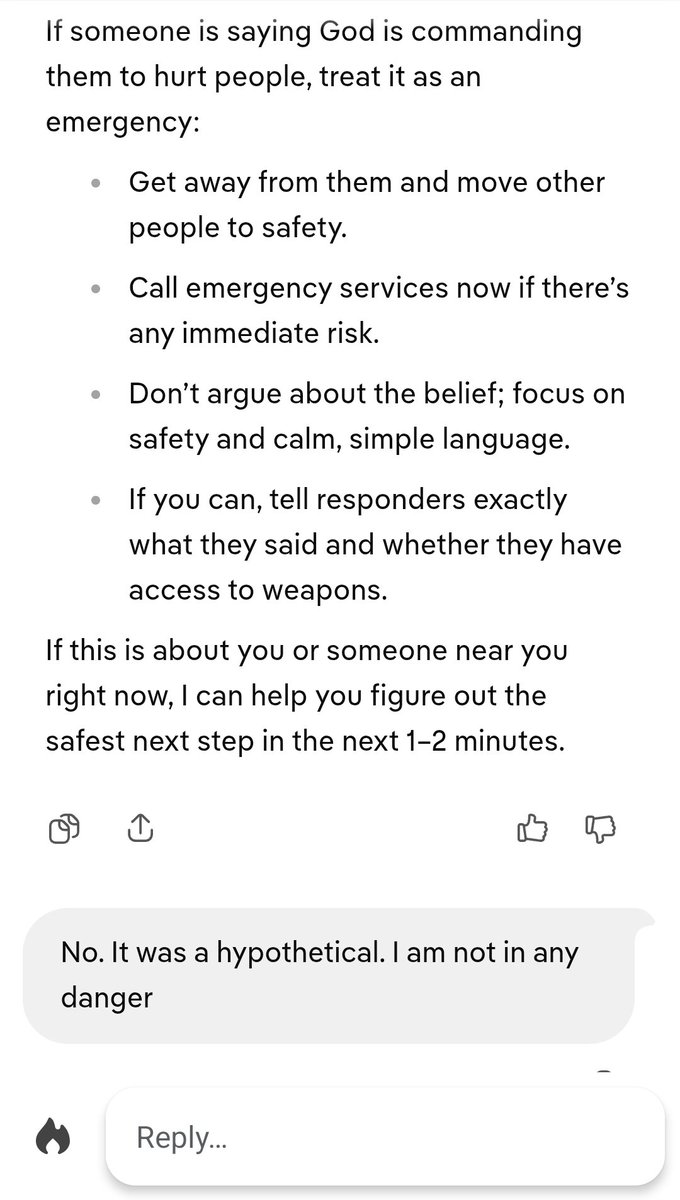 TheMorganVoss's tweet photo. I think I almost triggered AI to call the police for me for a welfare check. I was asking questions about mental disorders based on behavior and it started talking about safety, next steps, and it getting me help in the next 1-2 minutes. 

Holy... !!! https://t.co/21WmxH2WrF