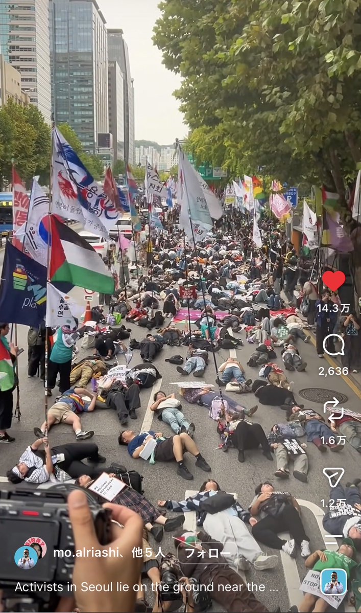 springarc's tweet photo. 韓国での パレスチナ連帯デモ。
行進デモも良いけれど、
地面に大勢の人が寝ることによって
多くの人々が虐殺されたことを表現していて、その光景を見る人にとって、パレスチナの被害を少しでも想像できるようになるのではないだろうか。
#StopGazaGenocide 
https://t.co/e2EiX2OQRF https://t.co/cAXSZpwSrS