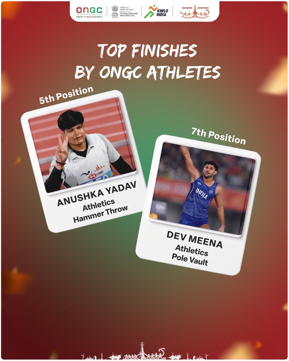 ONGC_'s tweet photo. With Anushka Yadav finishing 5th in Hammer Throw, Dev Meena 7th in Pole Vault, and several other #ONGC athletes proudly representing India across disciplines, the contingent exemplified grit, excellence and the spirit of sporting India.

#AsianGames2026 #AichiNagoya2026 #TeamIndia #KheloIndia #EnergyNowAndNext #YouAreEnergy

@PetroleumMin | @HardeepSPuri | @OfficeofHSP | @TheSureshGopi | @Secretary_MoPNG | @neerajmittalias | @Media_SAI | @KheloIndia
