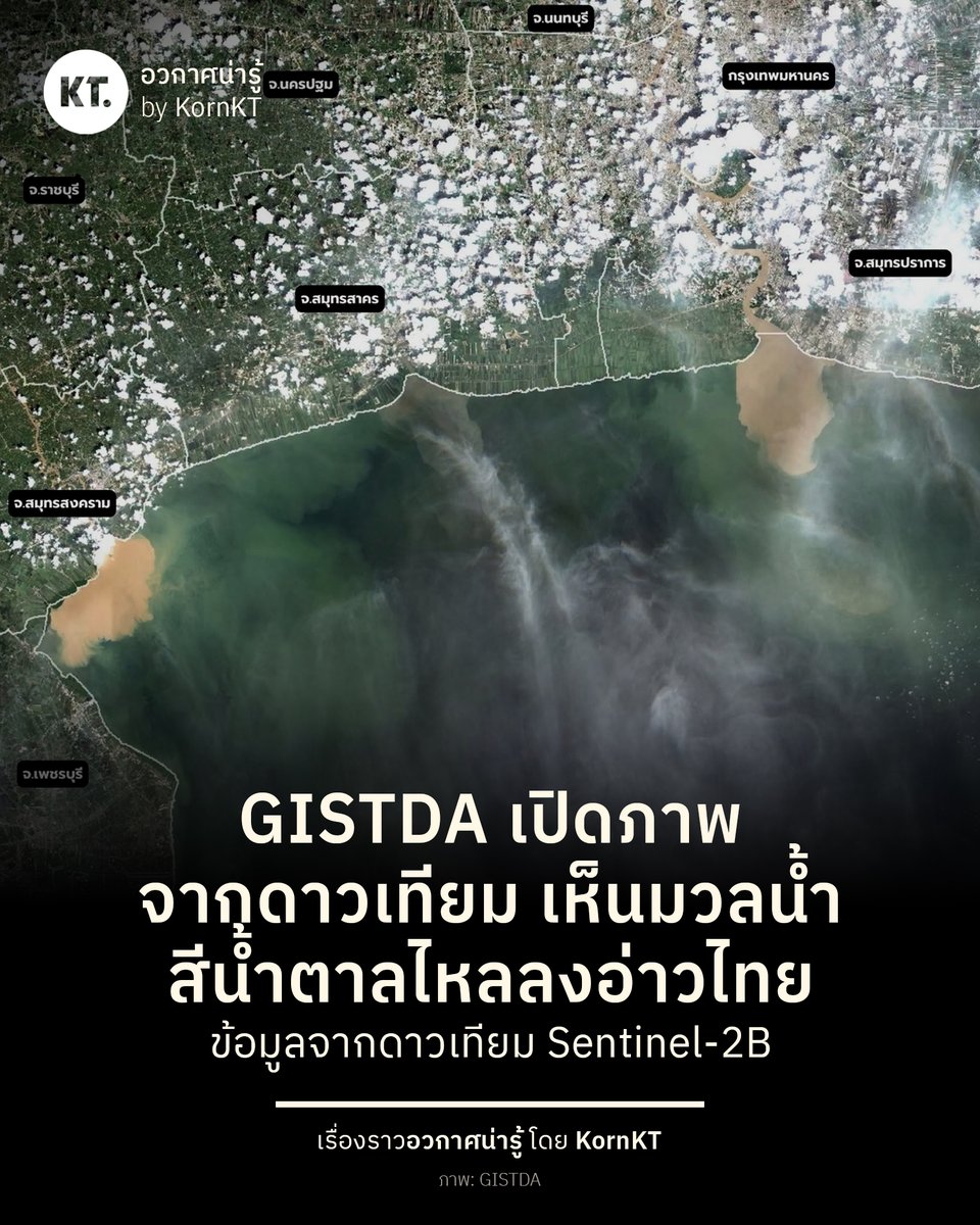 kornkt's tweet photo. GISTDA เผยภาพจากดาวเทียม Sentinel-2B แสดงให้เห็นกลุ่มมวลน้ำและตะกอนดิน ที่ไหลออกจาก 4 แม่น้ำสายหลัก มองเห็นเป็นสีน้ำตาลได้อย่างเด่นชัด

ภาพจากเมื่อวันที่ 2 ตุลาคม แสดงให้เห็นบริเวณอ่าวไทยตอนบน ที่มีแม่น้ำแม่กลอง แม่น้ำท่าจีน แม่น้ำเจ้าพระยา และแม่น้ำบางปะกง ที่สามารถมองเห็นมวลน้ำและตะกอนดินสีน้ำตาลอย่างชัดเจน ณ บริเวณปากแม่น้ำทั้ง 4 สาย

นอกจากภาพชุดนี้ GISTDA ยังได้เผยแพร่ภาพสถานการณ์อุทกภัยในพื้นที่จังหวัดปราจีนบุรี พบเห็นพื้นที่ได้รับผลกระทบกว่า 500,000 ไร่ โดยได้มีการสนับสนุนข้อมูลจากดาวเทียม เพื่อให้หน่วยงานที่เกี่ยวข้องนำไปใช้ประกอบการวางแผนช่วยเหลือ และการฟื้นฟู

#KornKT #อวกาศน่ารู้