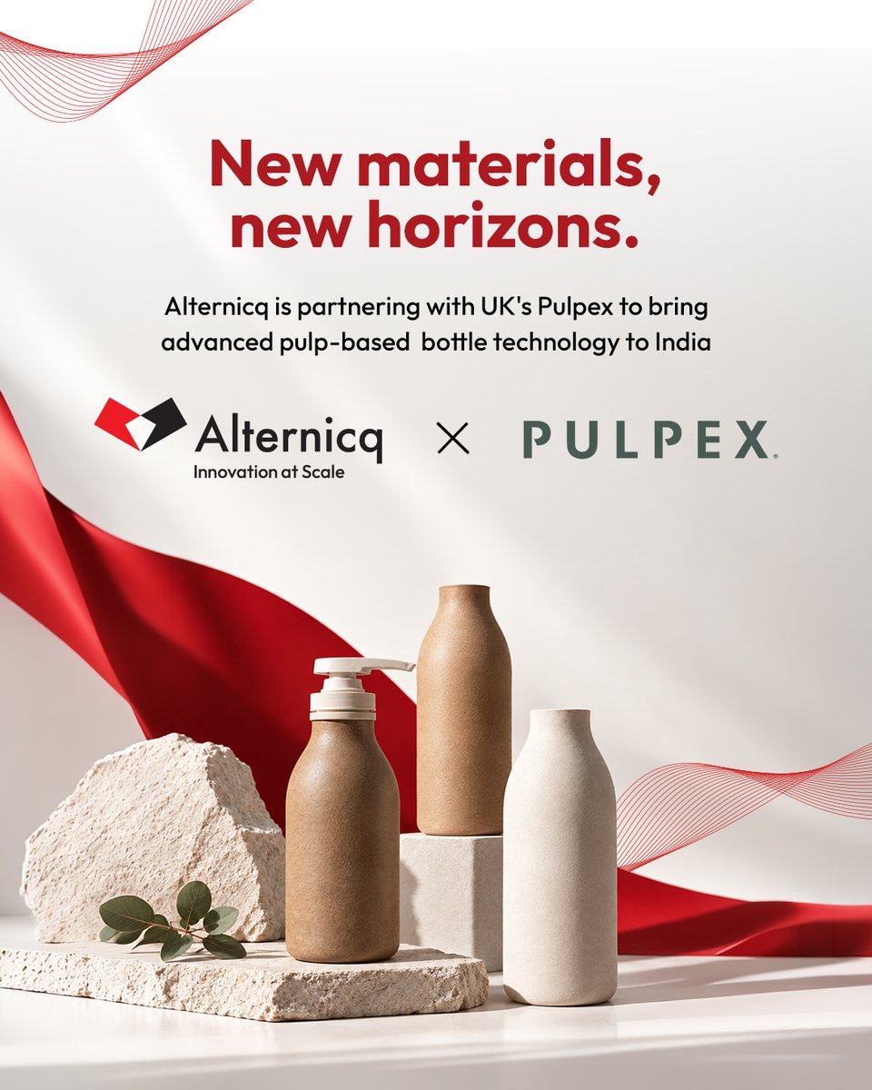 alternicq's tweet photo. Alternicq has partnered with UK-based Pulpex to bring biodegradable wood pulp fibre packaging to India.
The partnership expands its portfolio with recyclable fibre bottles made from sustainably sourced wood pulp, advancing sustainable packaging at scale.
#Alternicq #Pulpex https://t.co/PfBuVyYoHH