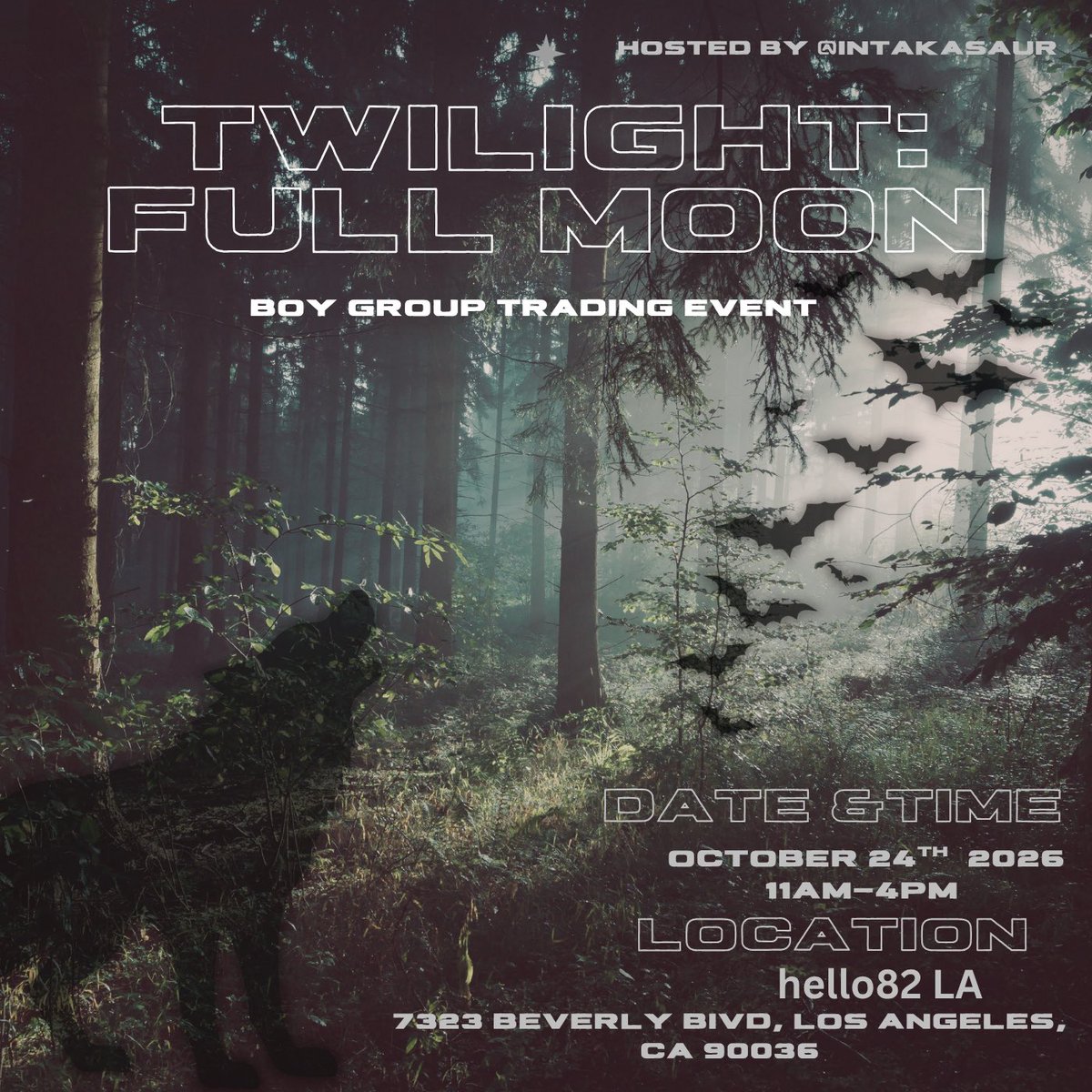 Intakasaur's tweet photo. CALLING ALL WOLVES AND VAMPIRES IN LA!!
Come join us for a twilight themed trading event @hello82LA !! Channel your inner Bella and choose between teams
Bring your favorite wolf boy or vampire to trade at our event! 
Info on flyer
#kpop #kpopevents #kpoptrade https://t.co/49SvfUnYNb
