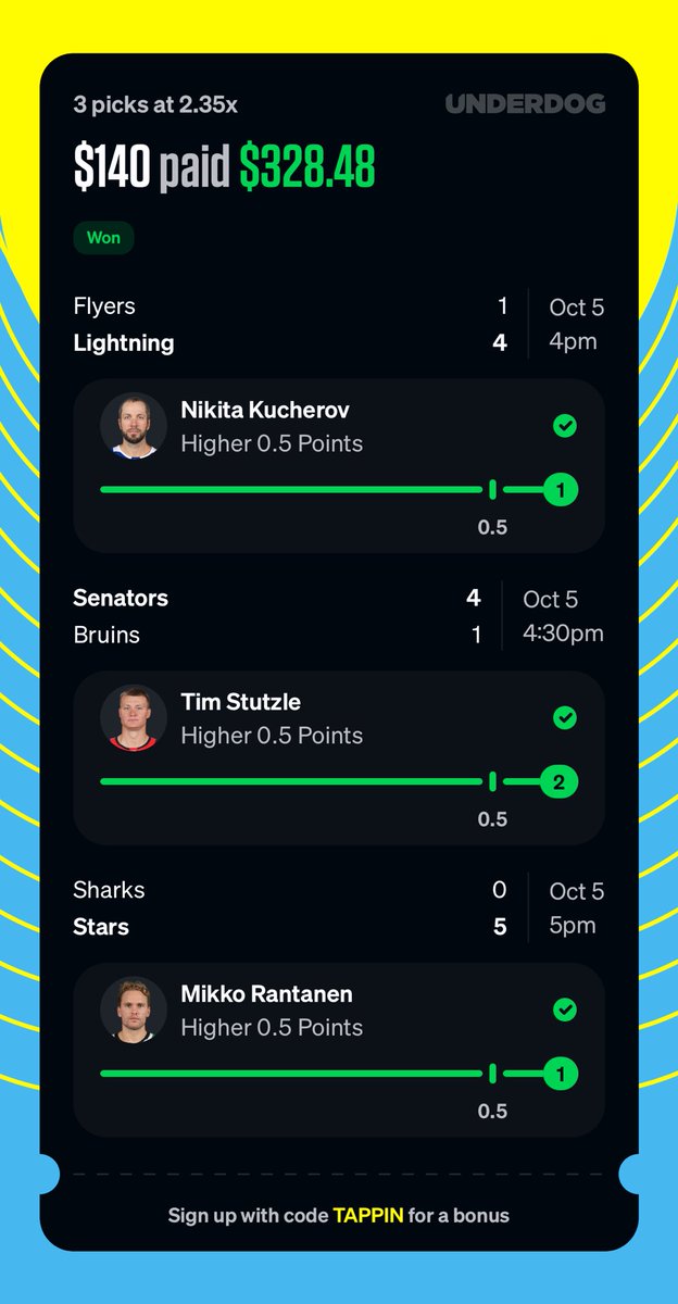 LukaOhtani's tweet photo. ✅ CASH 2.35x NHL 3 Pick Parlay NUKE

Told my followers when I posted this last night….

It was Guarenteed money.

✅ Kucherov
✅ Stutzle
✅ Rantanen 

Never a doubt.

TAPP In &amp; Win https://t.co/vt47vuSf3b