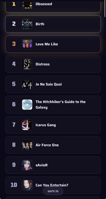 A music playlist showing ranked tracks including 'Obsessed' (#1), 'Birth' (#2), 'Love Me Like' (#3), 'Distress' (#4), 'Je Ne Sais Quoi' (#5), 'The Hitchhiker's Guide to the Galaxy' (#6), 'Icarus Gang' (#7), 'Air Force One' (#8), 'sAvioR' (#9), and 'Can You Entertain?' (#10) from sortr.io.
