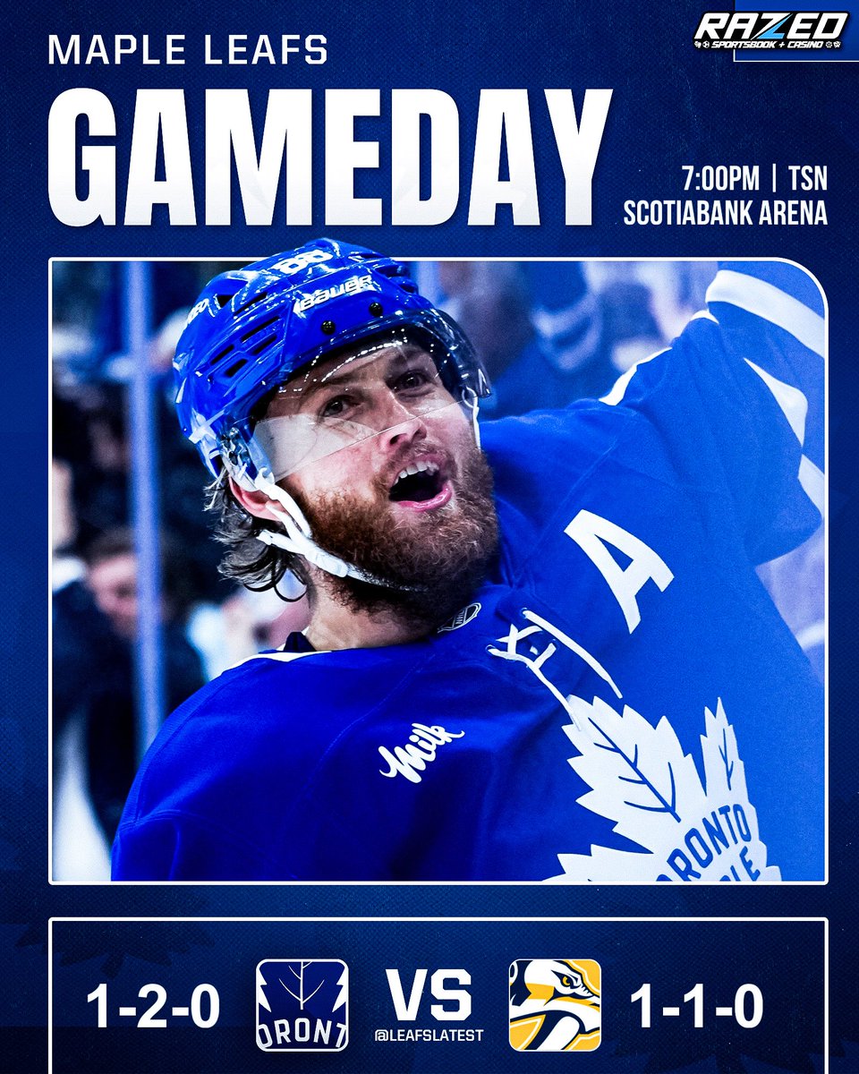 Leafslatest's tweet photo. IT’S GAMEDAY!

🏟️ Scotiabank Arena
🆚 Nashville Predators
⏰ 7:00 PM ET
📺 TSN

Predict the final score 👇

#leafs https://t.co/TzcygmfmfG