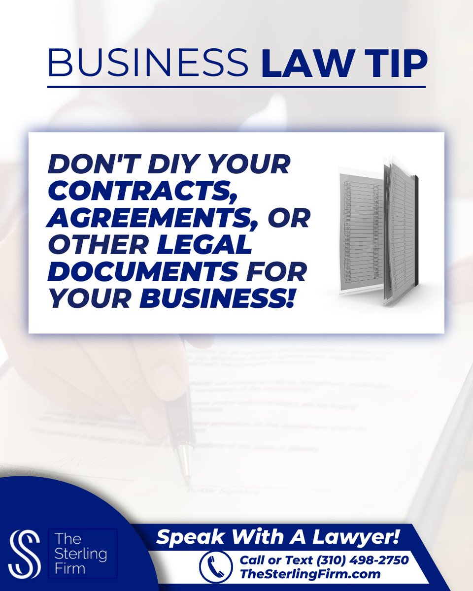 TheSterlingFirm's tweet photo. π¨ BUSINESS LAW TIP: Avoid drafting your own contracts! π¨ They carry risks. Protect your business with expert help! π Call/Text (310) 498-2750 π https://t.co/FOF8h2PTZo #TheSterlingFirm #BusinessLaw #LegalTips #EntrepreneurLaw #BusinessProtection https://t.co/hDxx4aom1E