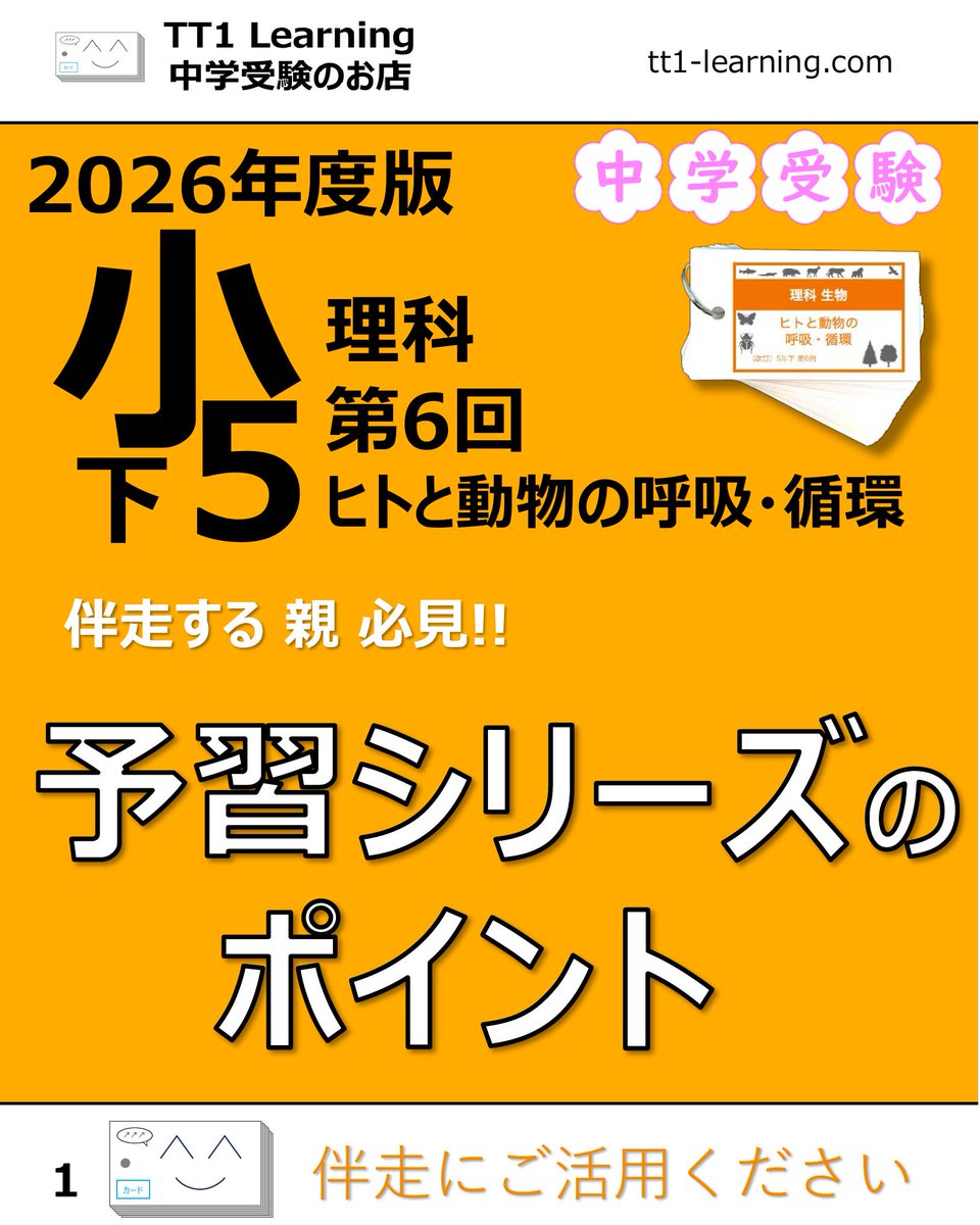 tt1Learning's tweet photo. 今回は予習シリーズ小5理科 第6回「ヒトと動物の呼吸・循環」です。

呼吸と循環の単元は、一見すると覚える言葉が多く、複雑に感じやすい内容です。
ただ、流れや仕組みをきちんと整理してしまえば、問題は比較的解きやすくなることが多い単元でもあります。

特に、心臓と肺の間をめぐる血液の流れと、心臓から全身へめぐる血液の流れは、この先も混ざりやすいポイントなので、違いを意識しながらしっかり押さえていきたいところです。

【ヒトの呼吸】
✓ 気管、気管支、肺胞の流れを押さえる
✓ 肺そのものではなく、横隔膜やろっ骨まわりの動きで呼吸する
✓ 吸う息と吐く息では、酸素と二酸化炭素の量が変わる

【心臓・血液・排出】
✓ 心臓は4つの部屋に分かれ、左心室が最も厚い
✓ 心臓と肺の間をめぐる血液の流れと、心臓から全身へめぐる血液の流れを整理する
✓ 赤血球、白血球、血小板、血しょうの役割を確認する
✓ 腎臓、ぼうこう、汗せんのはたらきも合わせて押さえる

【動物との比較】
✓ 魚類はエラ、昆虫は気門と気管、ほかの多くは肺呼吸
✓ 心臓のつくりは動物によって異なる

まずはヒトのしくみを軸にして、そこから動物との違いを重ねていくと整理しやすくなります。
あとで見返せるように、保存しておくのもおすすめです。

@tt1learning では、中学受験を伴走するご家族に寄り添う情報発信をしています。
また、日々の学習や塾のテスト対策として、単元に連動したオリジナルの暗記カードを制作・販売しています。
少しでも日々の負担を減らし、効率よく定着できるよう工夫を凝らしたカードです。

購入はこちら👉 https://t.co/ny076fh8jz

#中学受験 #中学受験2027 #中学受験2028 #中学受験2029 #呼吸と循環