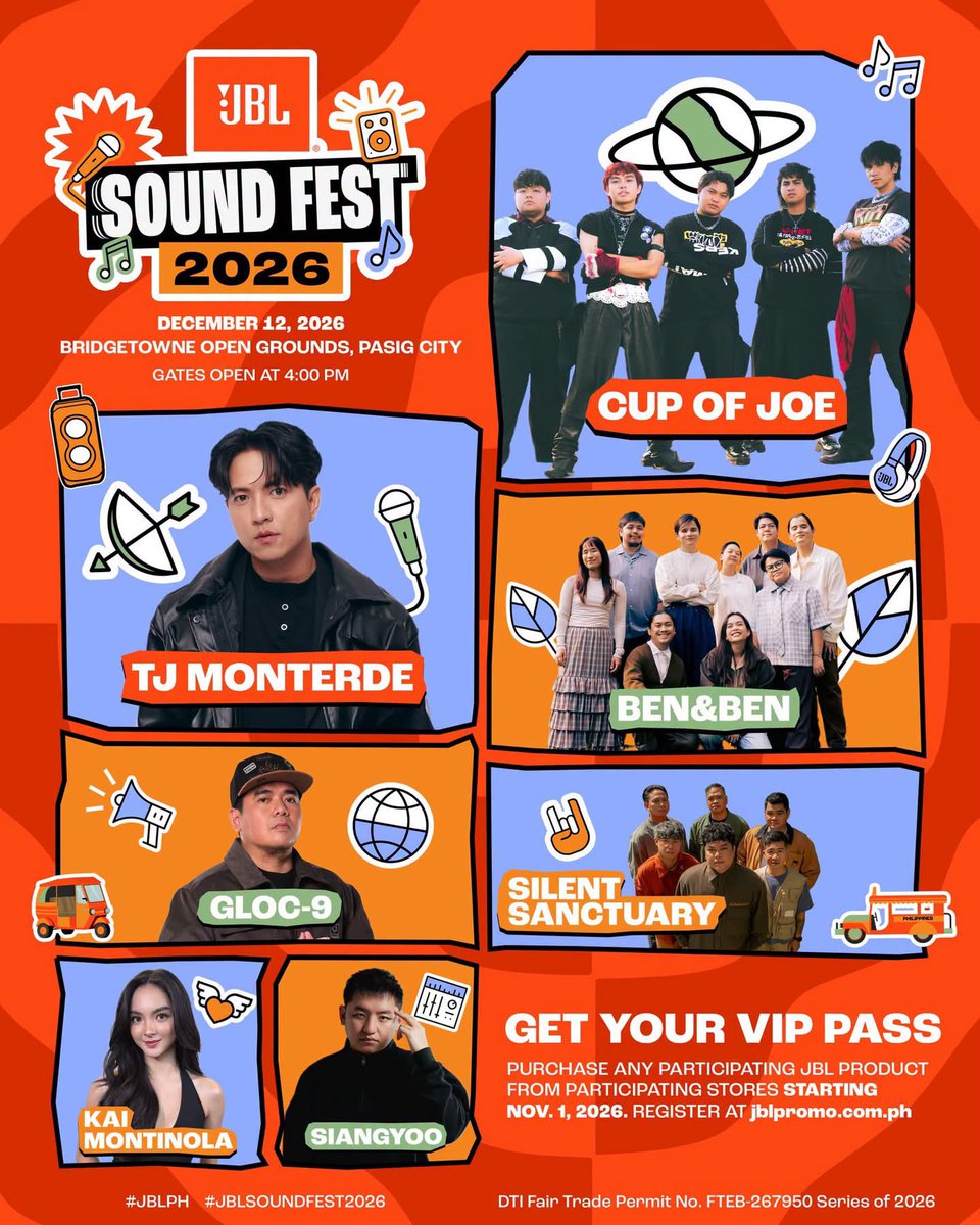 TeamKaiHQ's tweet photo. The lineup is LOADED

Cup of Joe, TJ Monterde, Ben&amp;Ben, Gloc-9, Silent Sanctuary, Kai Montinola, and Siangyoo are coming to JBL Sound Fest 2026! 

Engage!

IG🔗: https://t.co/xxN9rj66iX
Fb🔗: https://t.co/Vmke0Ae6qc
Tt🔗: https://t.co/7taQpOvsk4
Threads🔗: https://t.co/std2LJ2gGK https://t.co/H6TLSzrt9X
