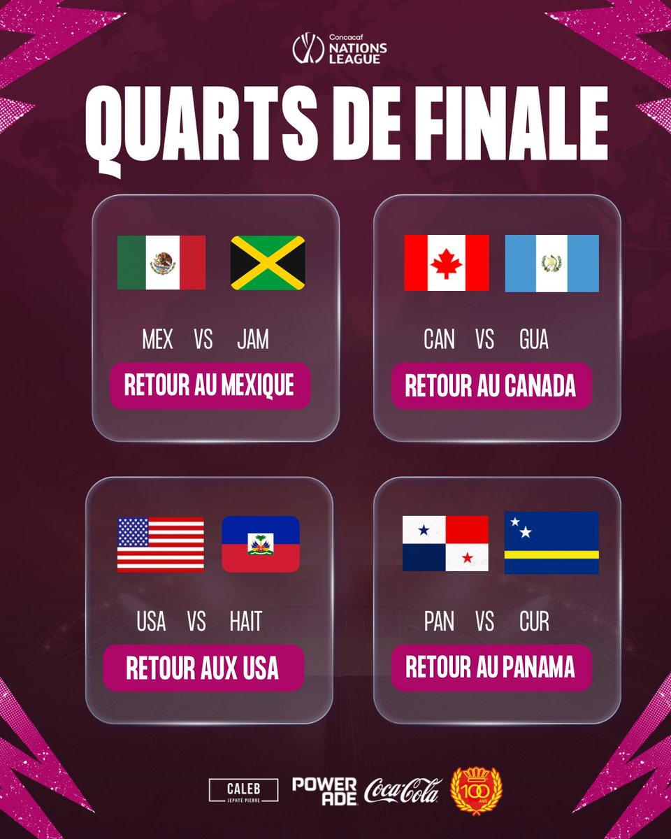 Caleb_Jephte's tweet photo. OFFICIEL ! Voici les affiches des quarts de finale de la Ligue des Nations ! ✅ 

La CONCACAF communiquera le calendrier confirmatif très prochainement. https://t.co/BXock10YAr