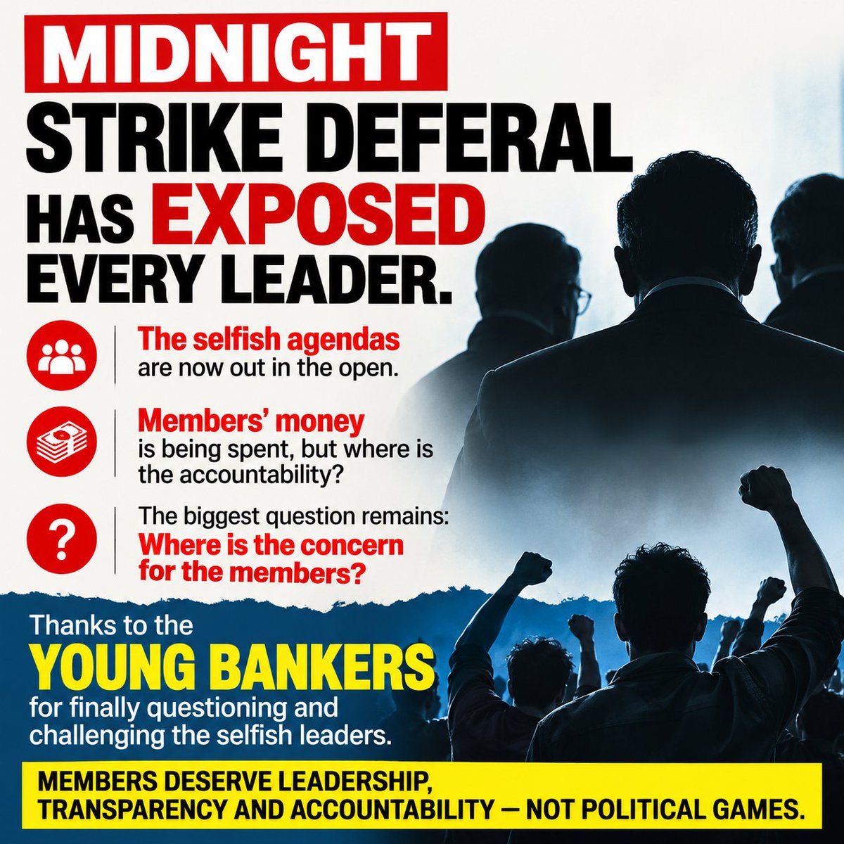 bankaffairs's tweet photo. Midnight strike deferral — unlike previous instances — has raised serious questions.

Who took the decision? Why was it deferred at midnight? And what about the members who stood by the call?

Young bankers are asking questions.
Members deserve transparency, accountability — not decisions driven by personal agendas.
