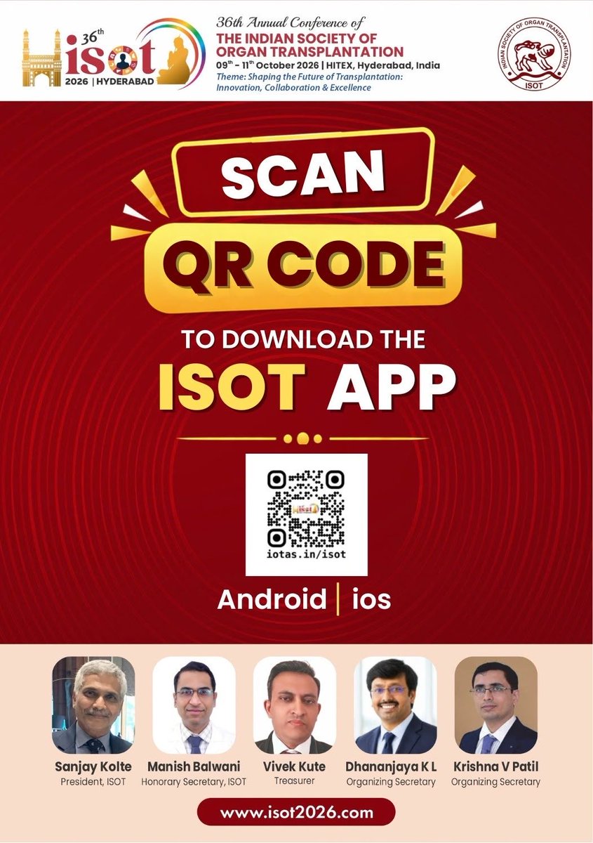 IndiaSoTx's tweet photo. Download the official ISOT 2026 App by scanning the QR code above for the latest conference updates, programme &amp; announcements.

📅 9–11 October 2026 | HITEX, Hyderabad

See you at ISOT 2026! @balwani__manish @SanjayKolte5 @DrJigarShrimal1 @drvivekkute https://t.co/TCELnvbI5t
