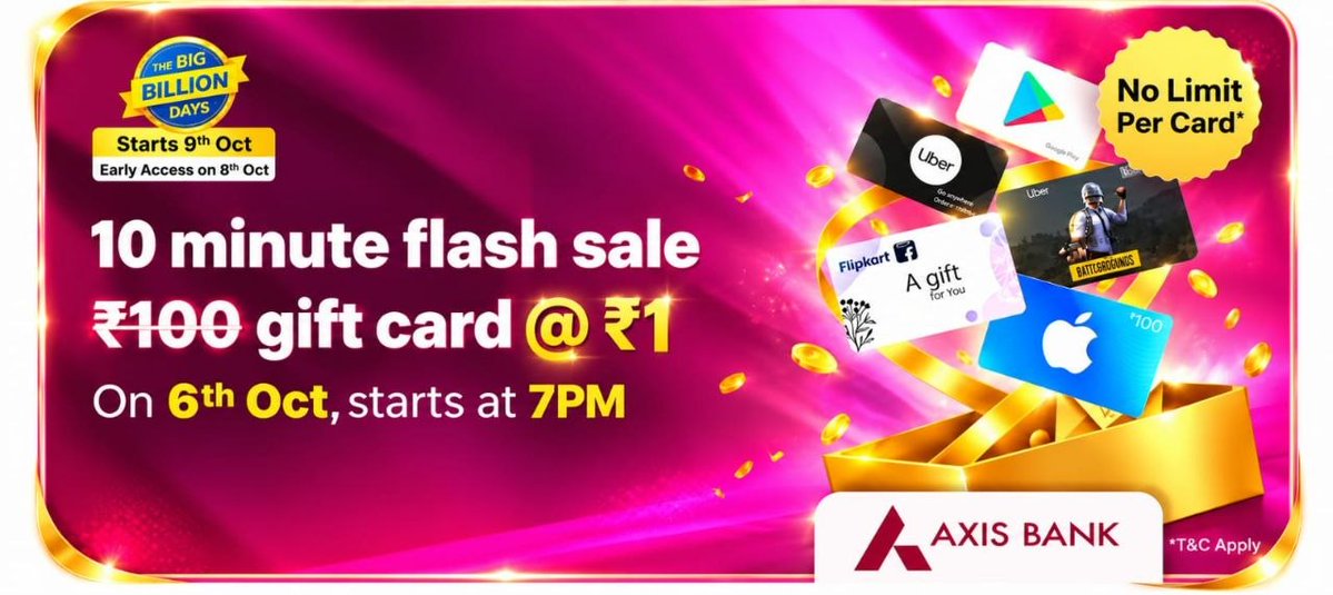 TechEarnTips's tweet photo. GET READY — GIFT CARD LOOT IS BACK | 6th OCT, 7 PM

Buy Any ₹100 Gift Card for JUST ₹1 [AXIS Credit Card Users Only]

Link: https://t.co/6zs4ZX8jLP

Valid for 10 Minutes

Get Ready Before 7 PM &amp; Save your Axis Credit Card here 👇

https://t.co/JvkvYqWPhg https://t.co/yBYC3EyGlO