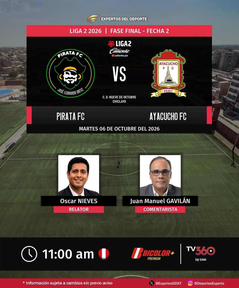 ExpertosDDXT's tweet photo. ⚽ #Liga2 🇵🇪 | Fase Final - Fecha 2
⚔️ #PirataFC vs. #AyacuchoFC
🎙️ Relator: @oscarnieves90
🎙️ Comentarista: @juanmagavilan
💻📱 #BicolorMas Premium (#TV360 de Bitel) 🇵🇪
🤳 #Liga2Caliente
Síganos y dale RT 🔃 https://t.co/ssCm6ZfOsE