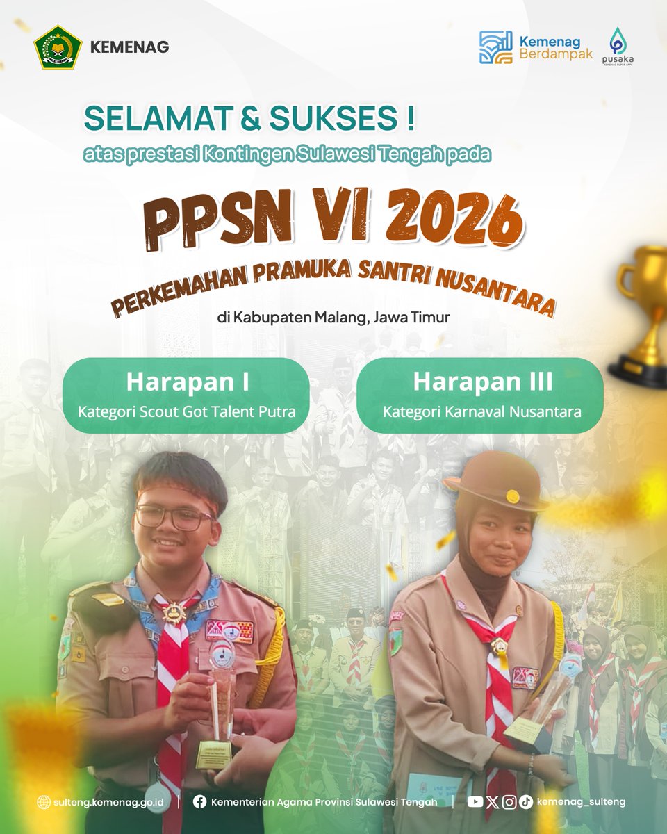 Kemenag_Sulteng's tweet photo. Selamat kepada Kontingen Sulawesi Tengah yang berhasil meraih Harapan I Kategori Scout Got Talent Putra dan Harapan III Kategori Karnaval Nusantara pada Perkemahan Pramuka Santri Nusantara VI 2026.
#kemenagsulteng #PPSN2026 #pramuka #pramukasantri https://t.co/EVyO6WHD2H
