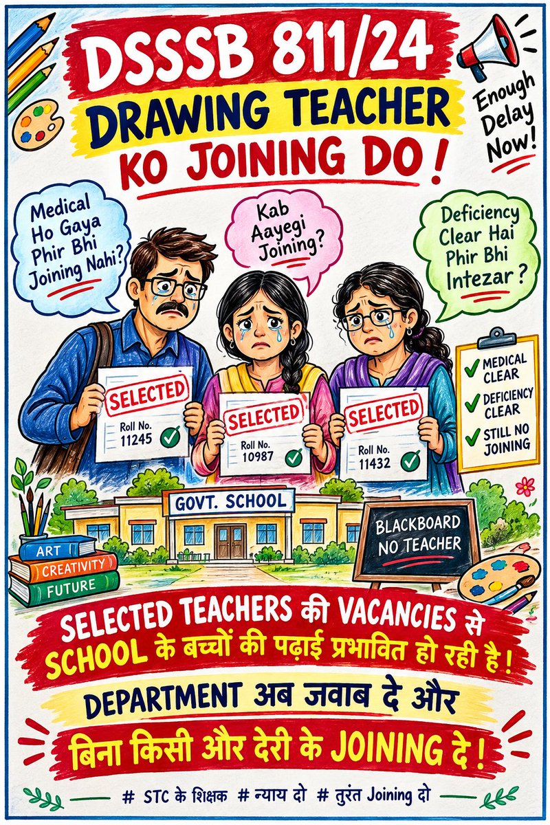 STCTeacherDelhi's tweet photo. @gupta_rekha @LtGovDelhi @ashishsood_bjp @Dir_Education @CMODelhi DSSSB 811/24 के चयनित Drawing Teachers की Joining कृपया अब और लंबित न रखी जाए।
विभाग से विनम्र अनुरोध है कि शीघ्र Joining Order जारी कर चयनित शिक्षकों को सेवा का अवसर प्रदान करें। https://t.co/nXfKbD4tho