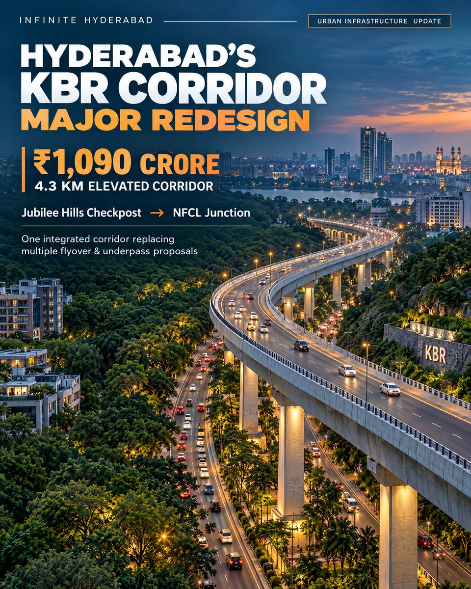 InfiniteHyd's tweet photo. Hyderabad’s KBR corridor gets a major redesign. 🚧

A ₹1,090 crore, 4.3-km elevated corridor will connect Jubilee Hills Checkpost with NFCL Junction, replacing multiple flyover and underpass proposals with one integrated corridor.

#Hyderabad #KBRPark https://t.co/JETYZ2VFZ6