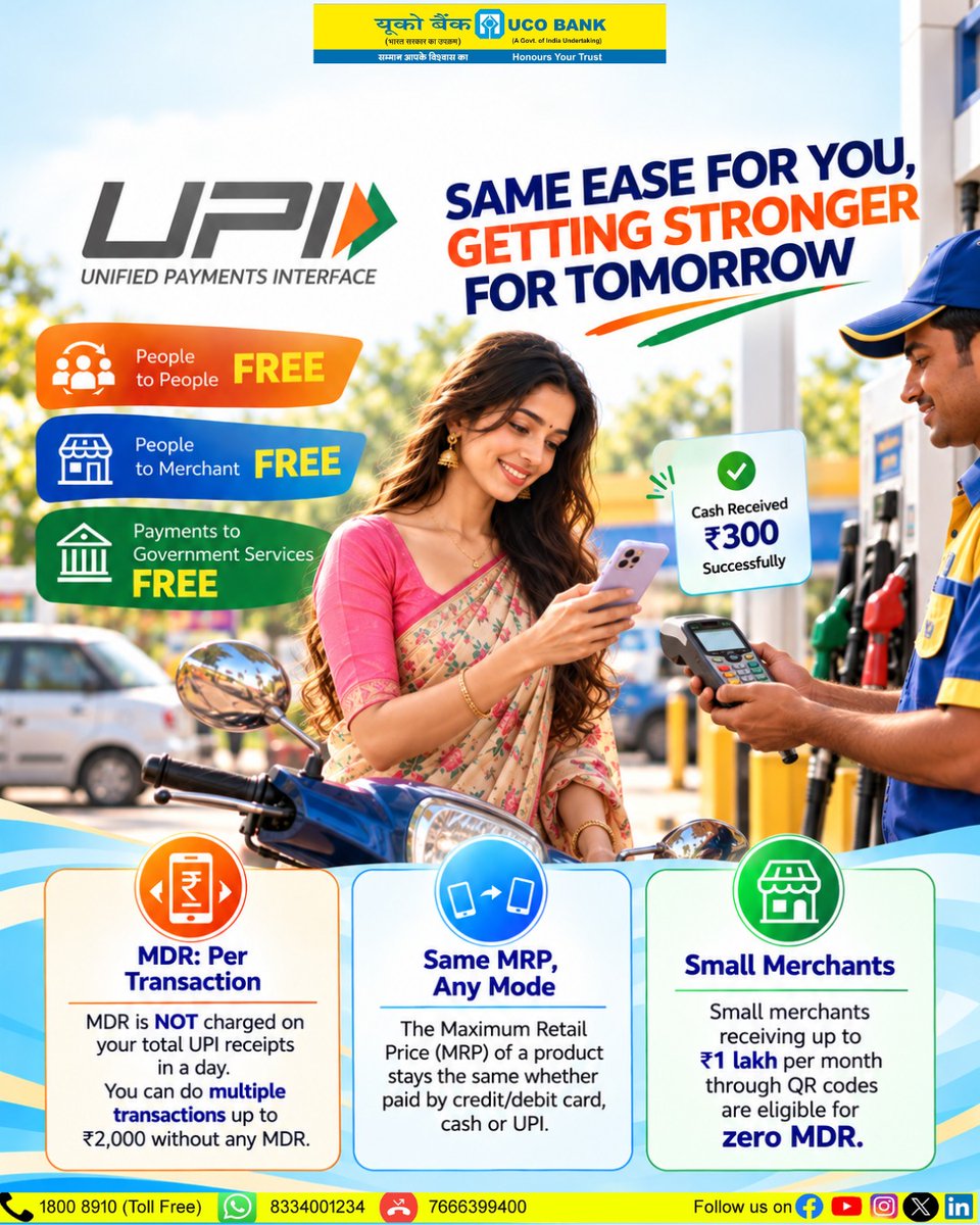 UCOBankOfficial's tweet photo. 📲 Same ease for you. A stronger tomorrow!

From everyday purchases to payments on the go, enjoy the convenience of UPI with UCO Bank. 🤝✨

Pay with ease, support local businesses and take a step towards a digitally empowered India. 🇮🇳

💙 UCO Bank — Honours Your Trust.

@UCOBankOfficial  @DFS_India  @UPI_NPCI  @DigitPayment  #DigitalIndia #CashlessIndia #ScanAndPay #SupportSmallBusinesses #UCOgoesDigital