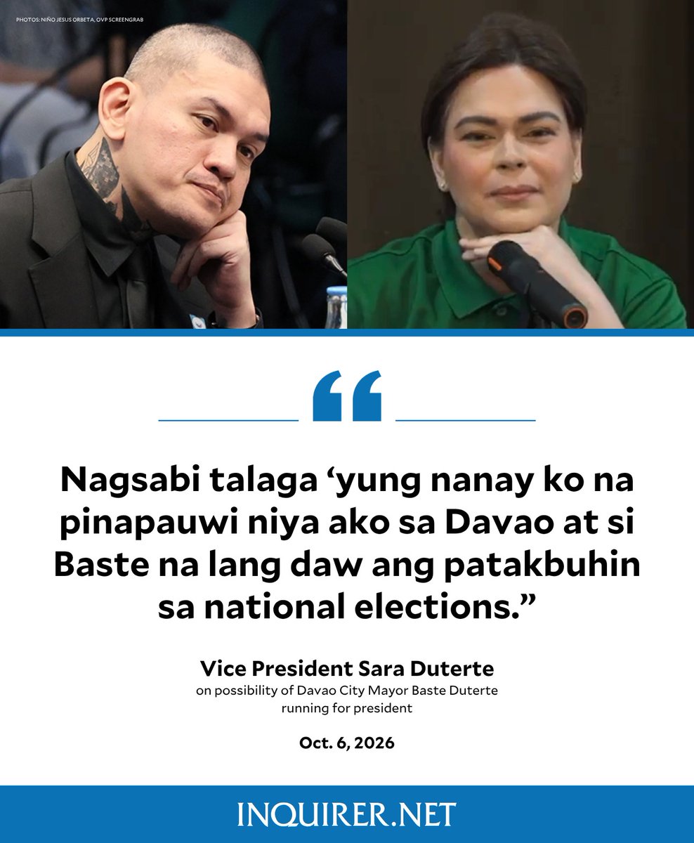 inquirerdotnet's tweet photo. ‘SI BASTE NA LANG DAW ANG PATAKBUHIN’

Vice President Sara Duterte said her mother Elizabeth Zimmerman asked her to return home to Davao City and let her brother, Mayor Baste Duterte, run in the national elections instead.

Watch our livestream here: https://t.co/WRMkfaEx6o https://t.co/DqBz1WqtZD