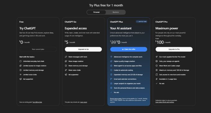 A pricing page for ChatGPT showing four tiers: Free ($0), ChatGPT Go ($5), ChatGPT Plus ($20), and ChatGPT Pro ($100), with details on features like messaging, image creation, advanced intelligence, and Pro mode.