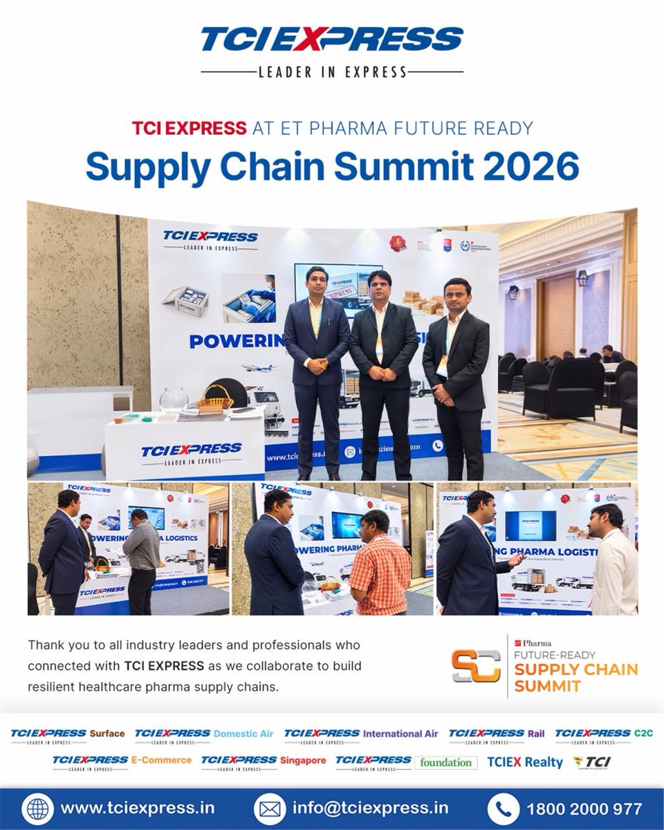 TCIExpressLtd's tweet photo. TCI EXPRESS was proud to engage with industry pioneers at the ET Pharma Supply Chain Summit 2026 in Hyderabad, showcasing our sensor-monitored, GDP-certified cold chain infrastructure.
A big thank you to all who engaged with our team during the summit.

#TCIEXPRESS #ExpressDelivery #PharmaSupplyChain #GDPCompliant #HealthcareLogistics #SupplyChain #B2BLogistics