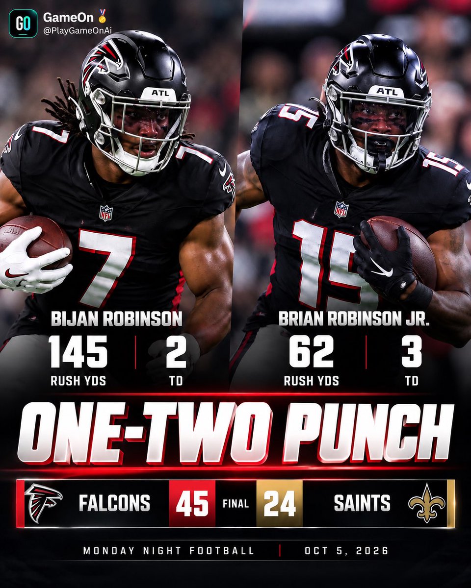 PlayGameOnAi's tweet photo. ATLANTA’S ONE-TWO PUNCH WAS UNSTOPPABLE🥊🔥

Bijan Robinson: 145 RUSH YDS • 2 TD
Brian Robinson Jr.: 62 RUSH YDS • 3 TD

207 rushing yards. 5 touchdowns😮‍💨

Falcons roll past New Orleans 45–24.

#GameOnAi #Falcons #NFL #MNF https://t.co/Yacb3ms12B