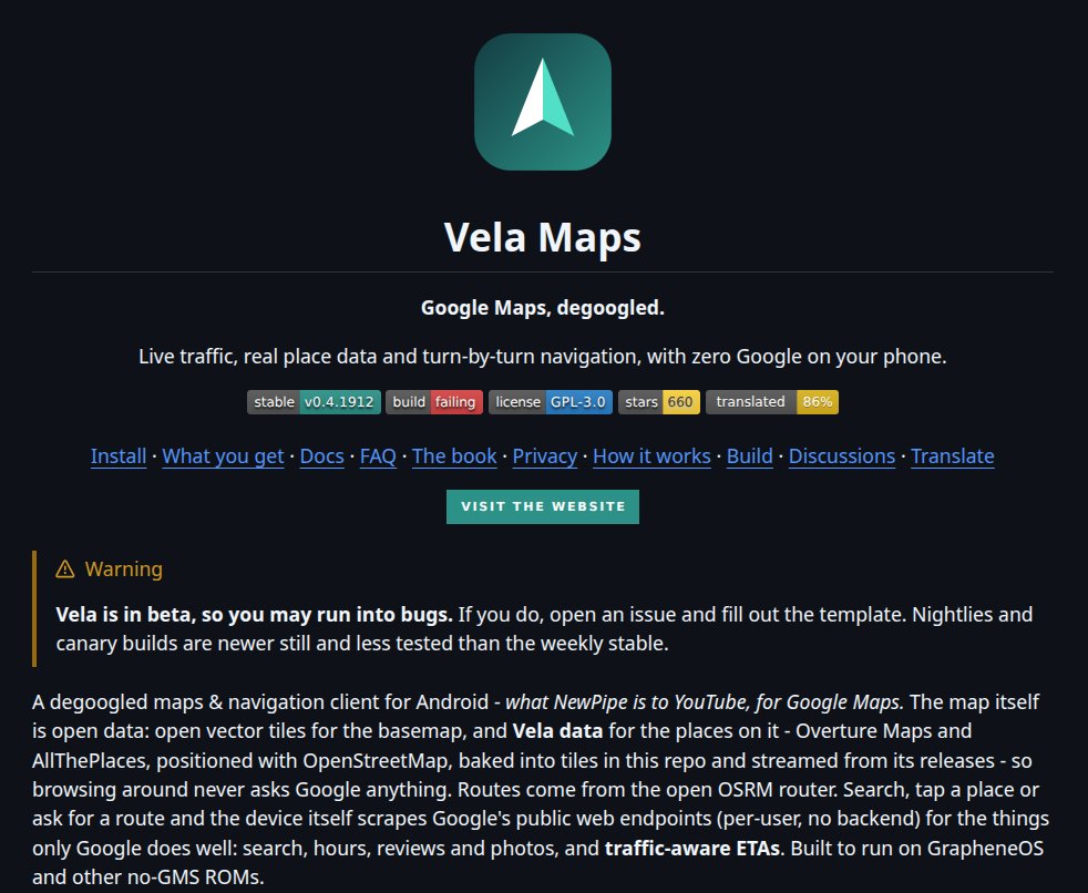 CR1337's tweet photo. One of the hardest things to replace when 'degoogling' is certainly Google Maps. 

That said, time to check out the Beta of Vela Maps, a degoogled maps &amp; navigation client for Android that looks very promising!

GitHub: https://t.co/tqUIeok1BB https://t.co/VacNeLpMXE